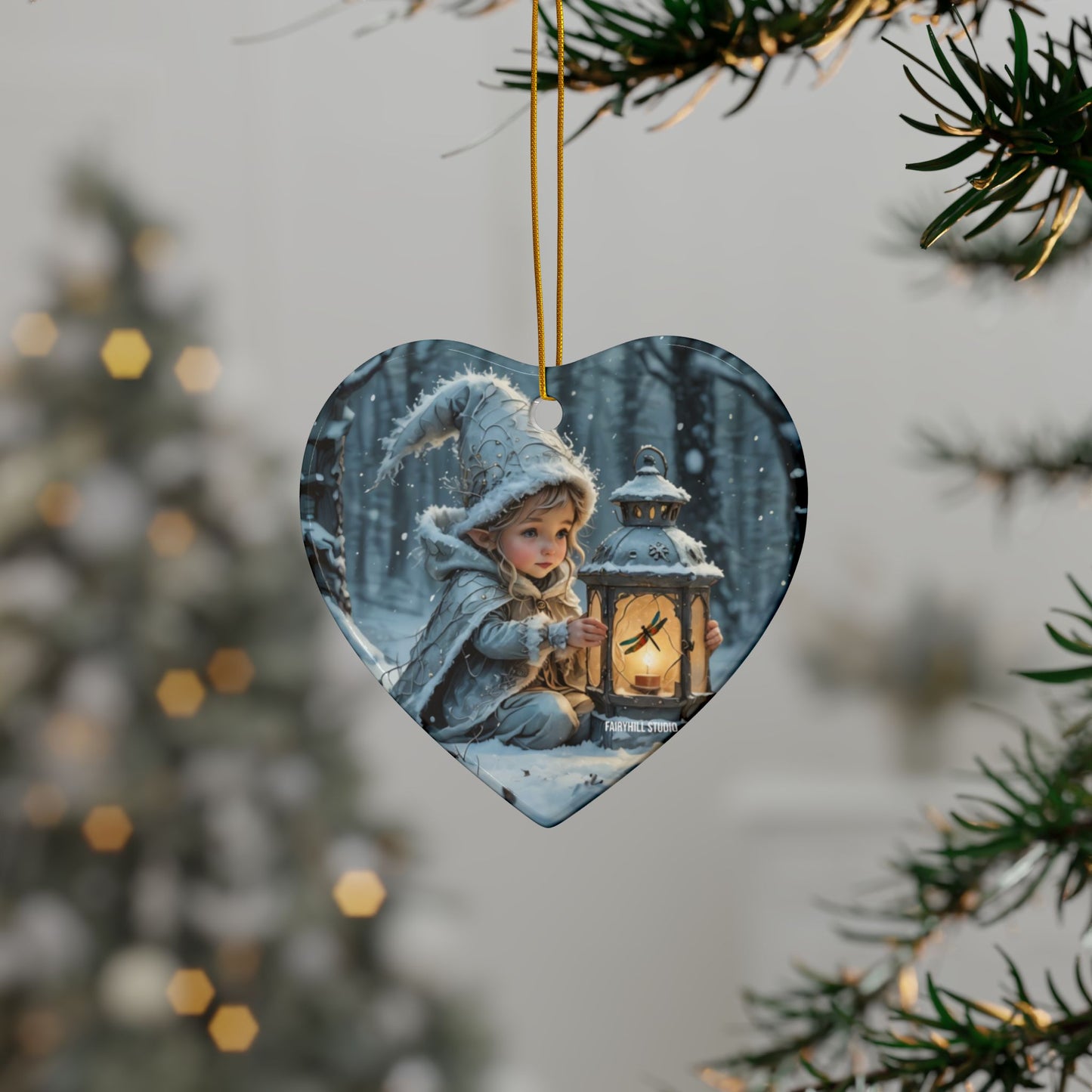Ceramic Ornaments - Magical Holiday Elf with Dragonfly Lantern Art