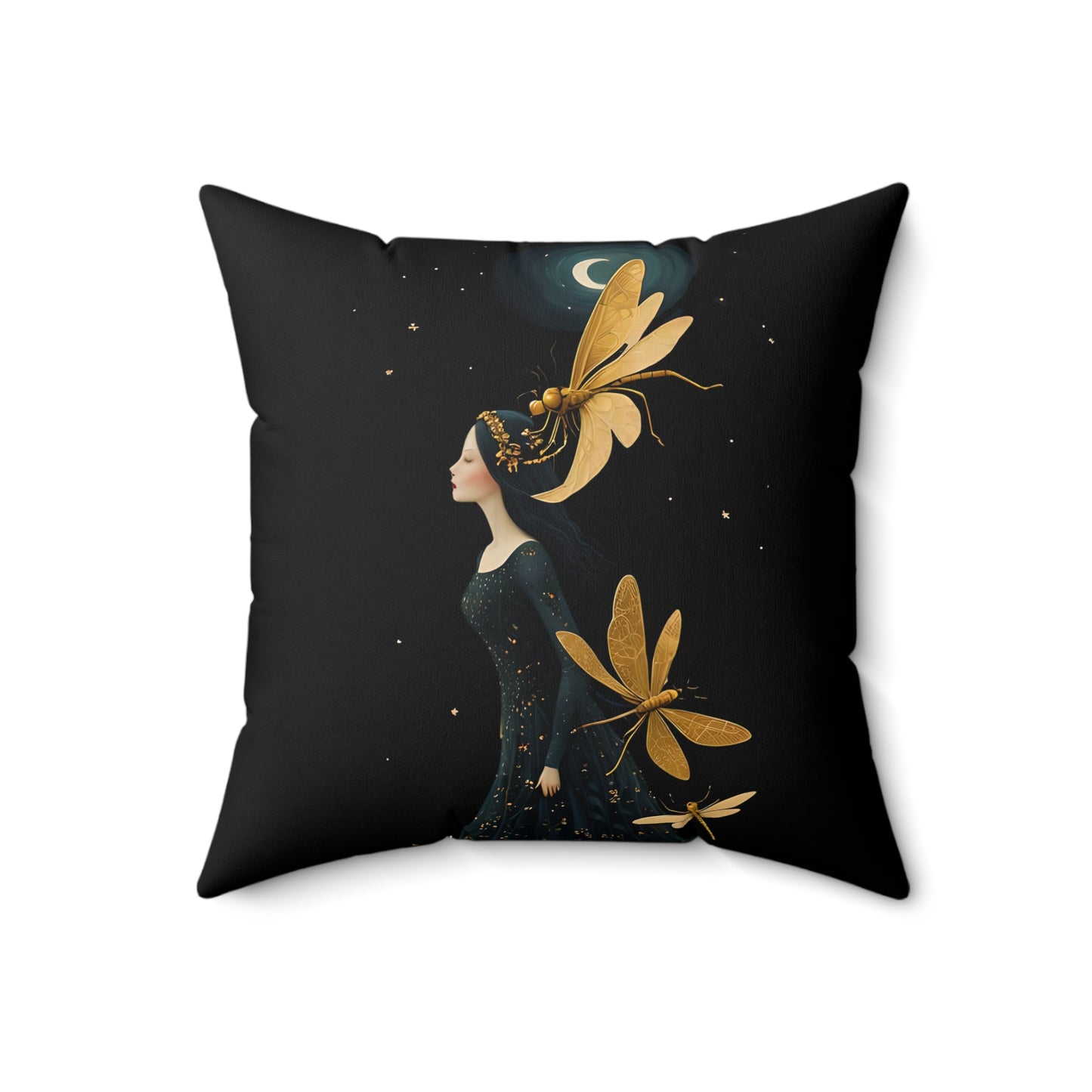 Square Pillow - Midnight Girl with Golden Dragonflies at Night Art by Fairyhill Studio