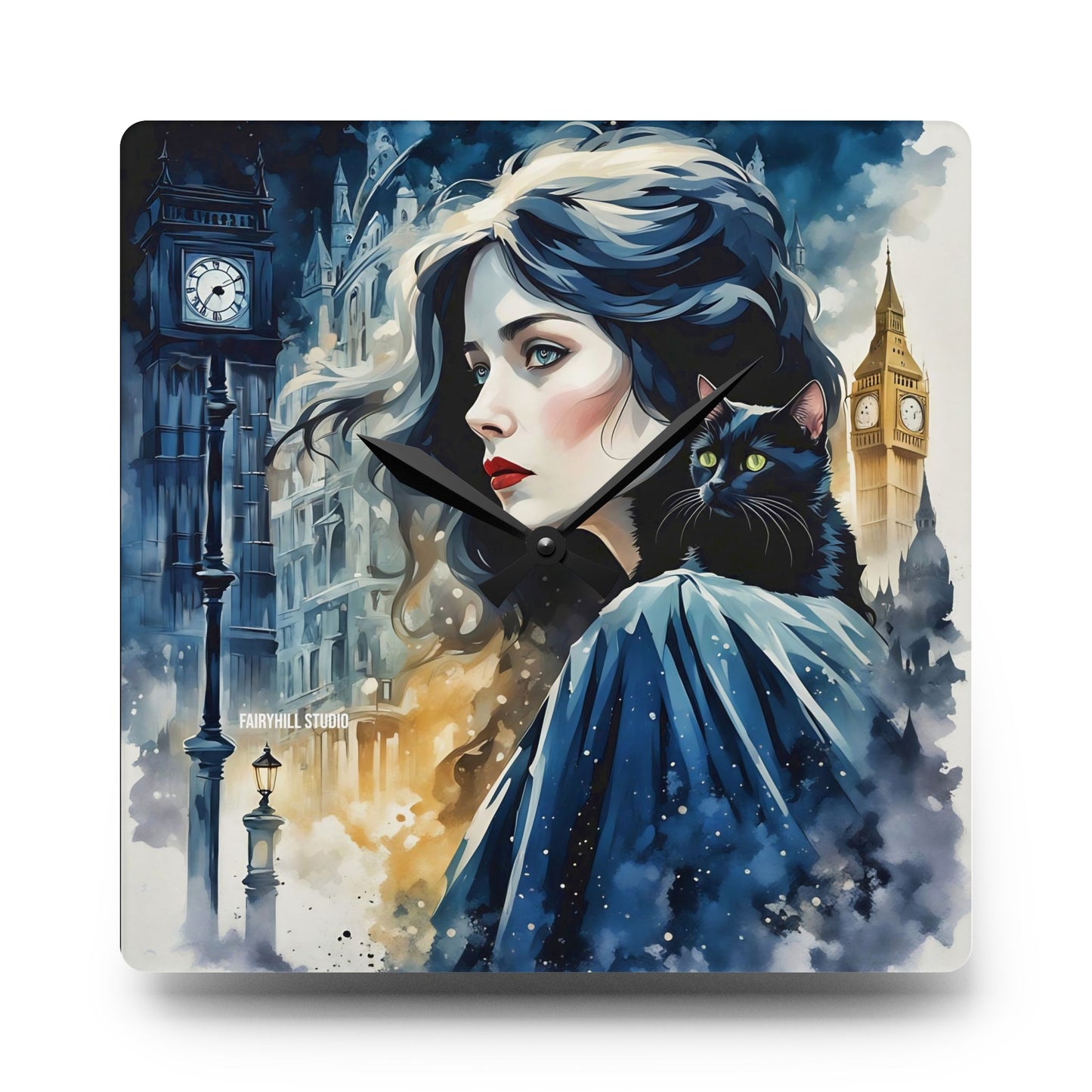 Acrylic Wall Clock - Woman with cat london Art