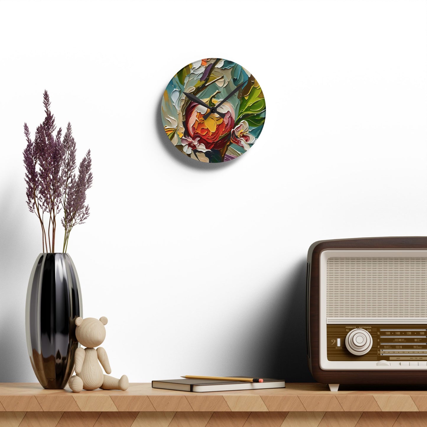 Wall Clock - Apple and Apple Flowers Impasto Art by Fairyhill Studio