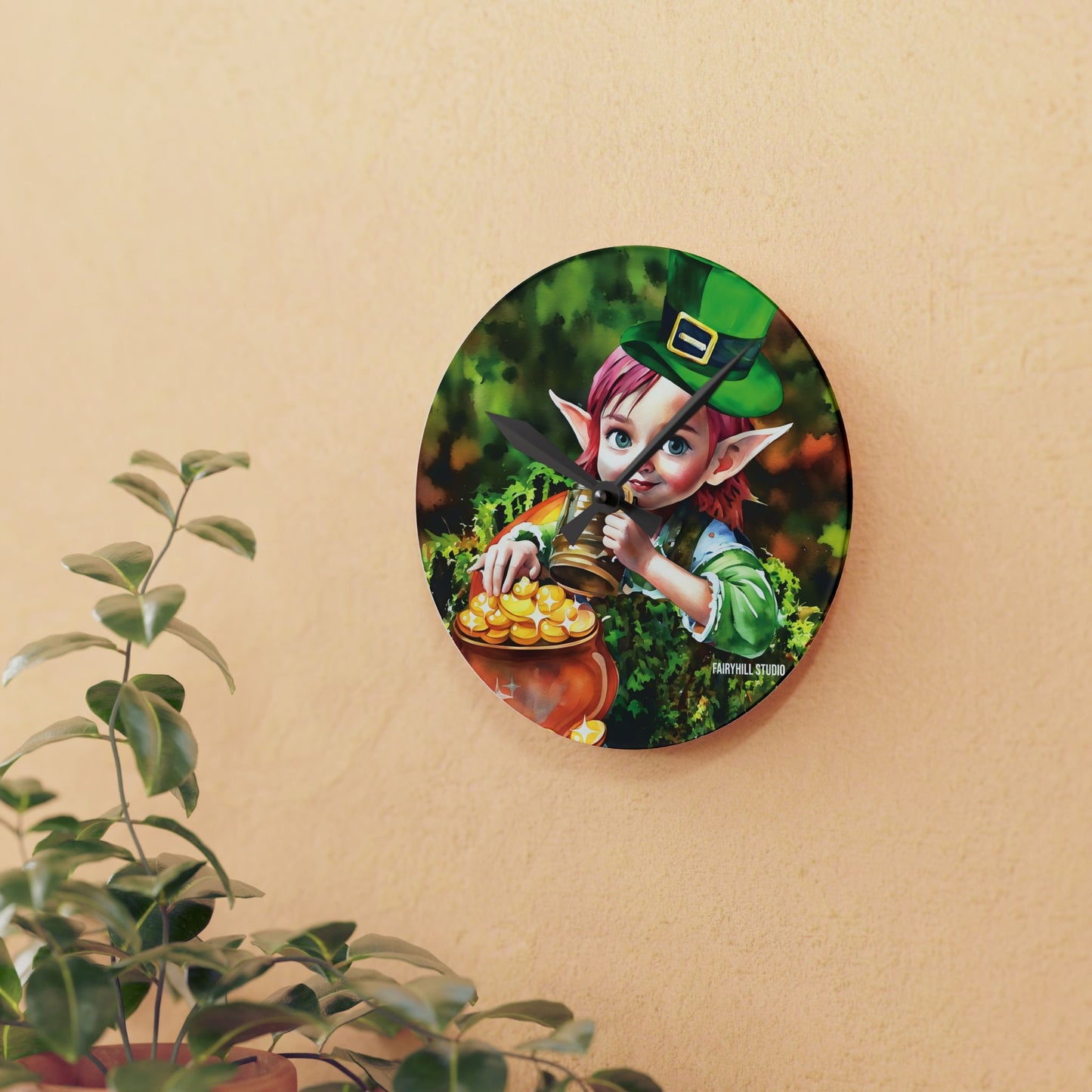 Acrylic Wall Clock Irish Elf with pot of gold/Art