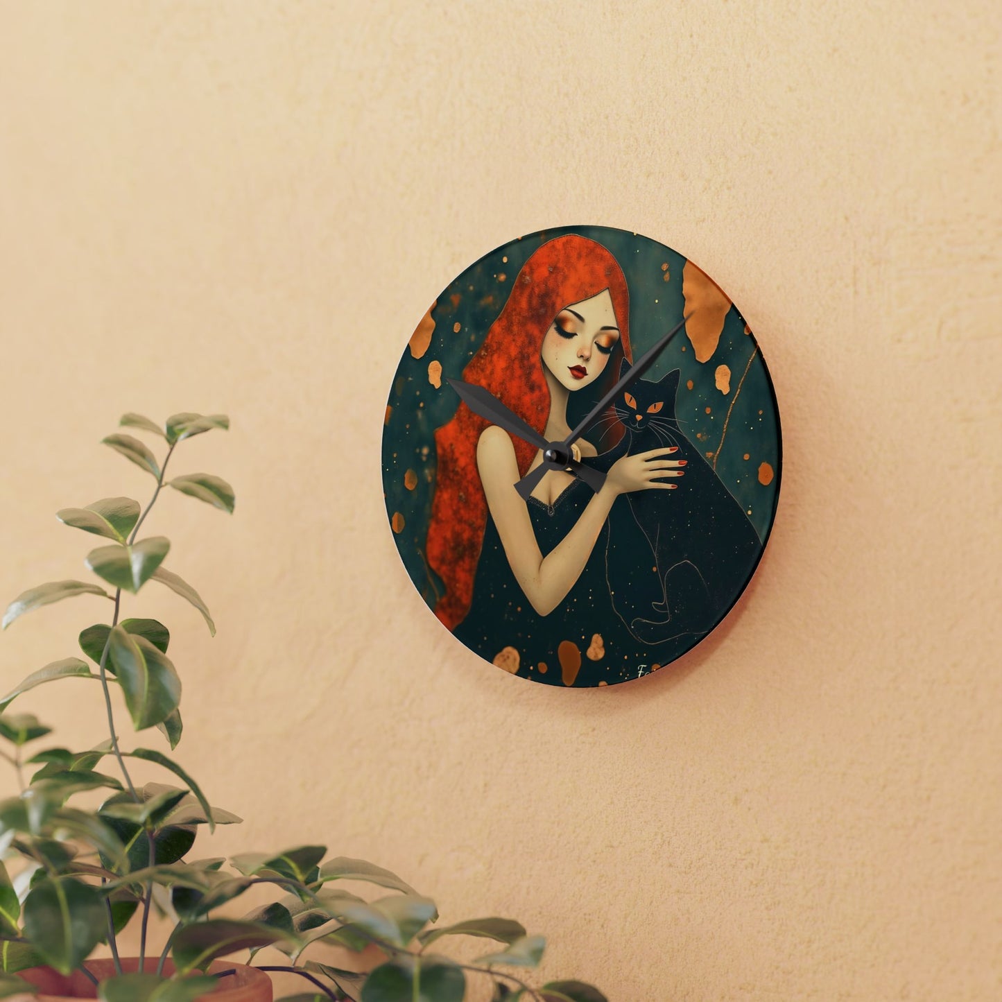 The Witching Hour Hug ,Girl with black cat   Wall clock  Gift   Acrylic Wall Clock
