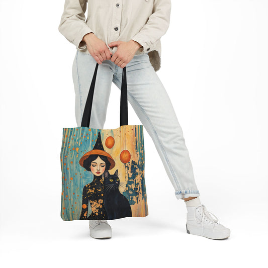 Colorful Witch and black cat-Inspired Canvas Tote Bag - Perfect for Beach Days, Eco-Friendly Shopping, and Summer Fun!