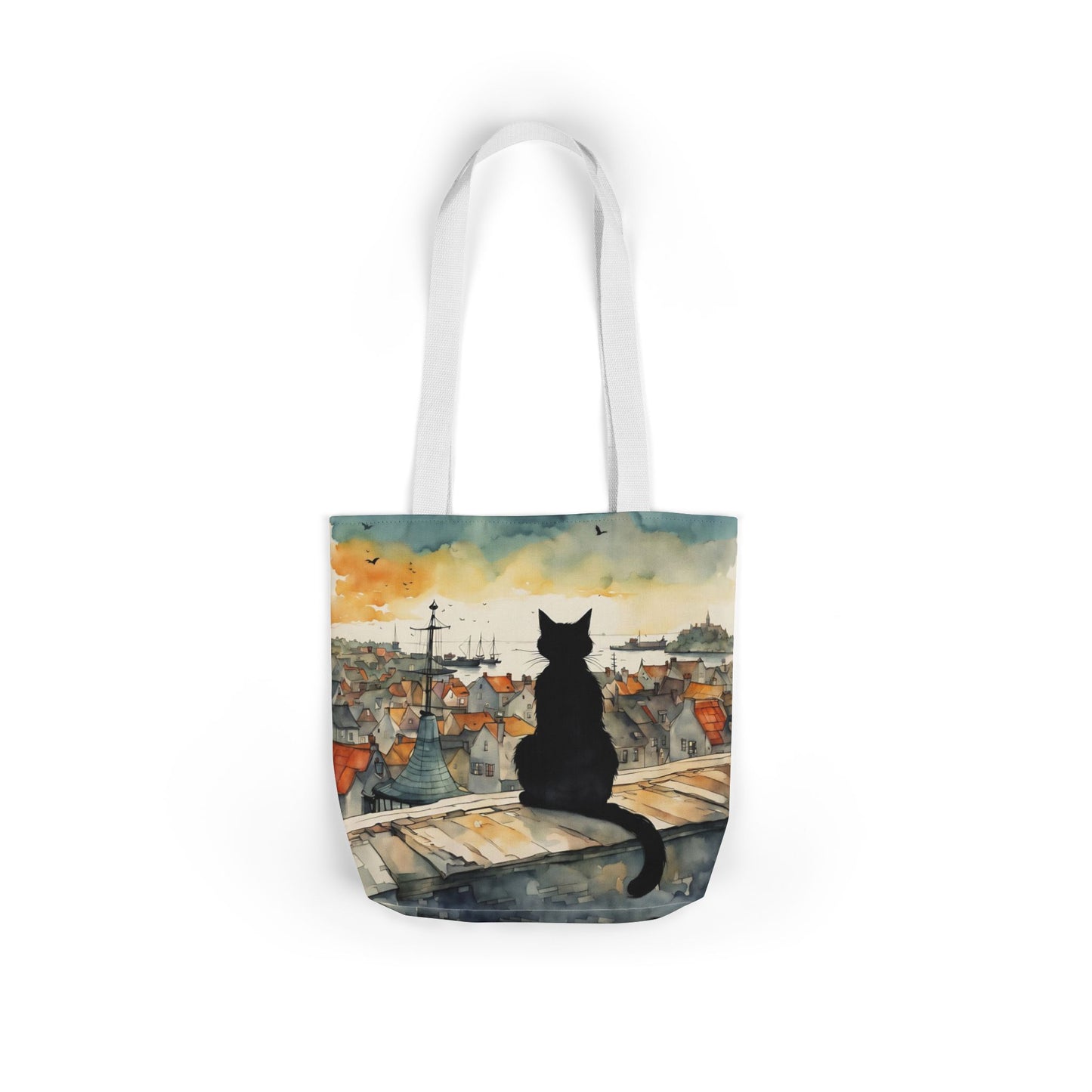 Black cat on a roof top  FairyHill Studio Red phone- Canvas Tote Bag - Perfect for Beach Days, Eco-Friendly Shopping, and Summer Fun!