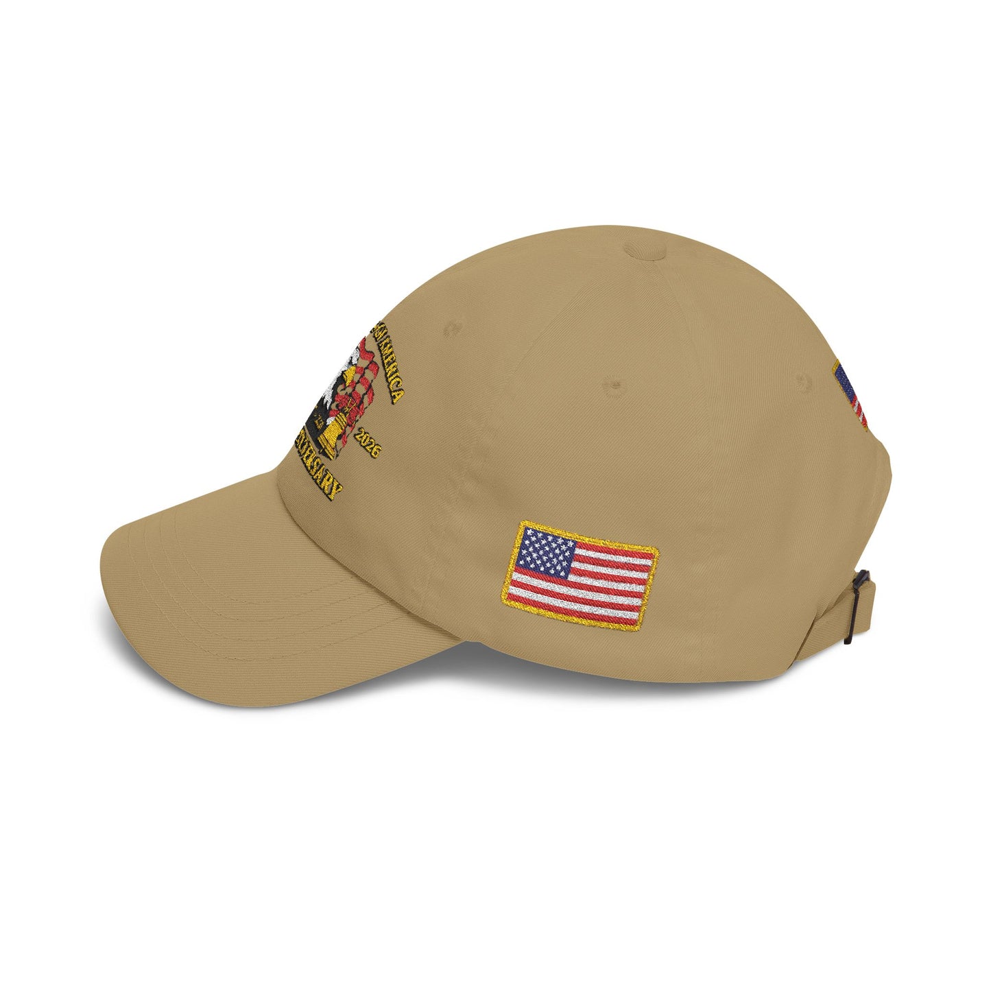 250th Anniversary USA Flag Patch Hat – Embroidered Gold Border Edition (1776–2026) – Classic White Baseball Hat
