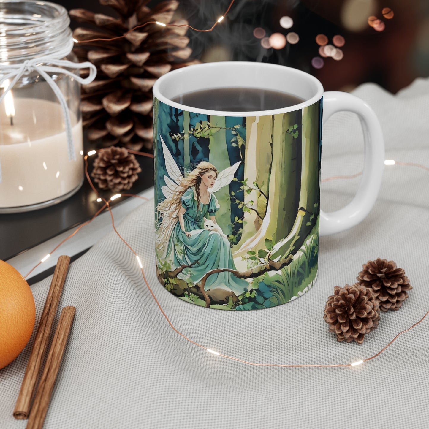 Mug: Angel Fairy and Cat Magical Forest Art by Fairyhill Studio