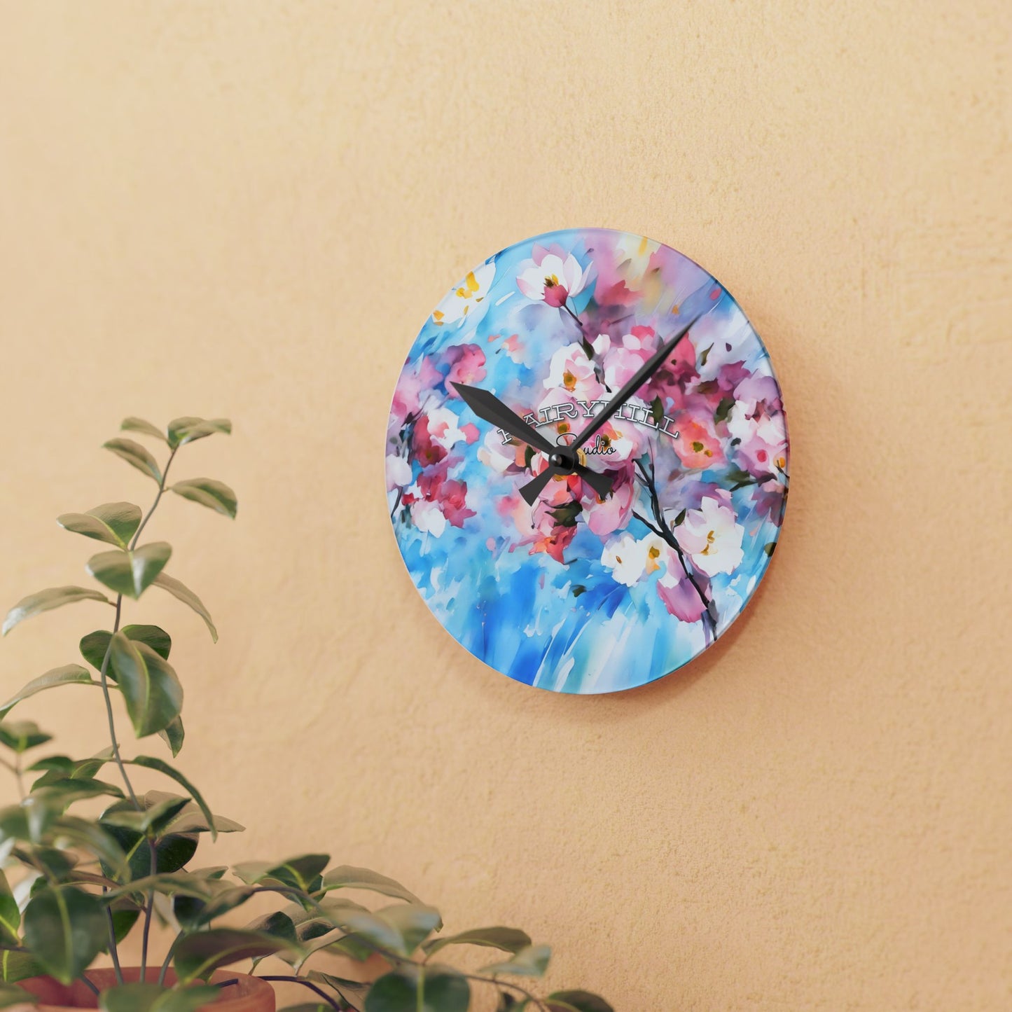 Wall Clock - Cherry Flowers Pink and White on Sky Blue Background by Fairyhill Studio