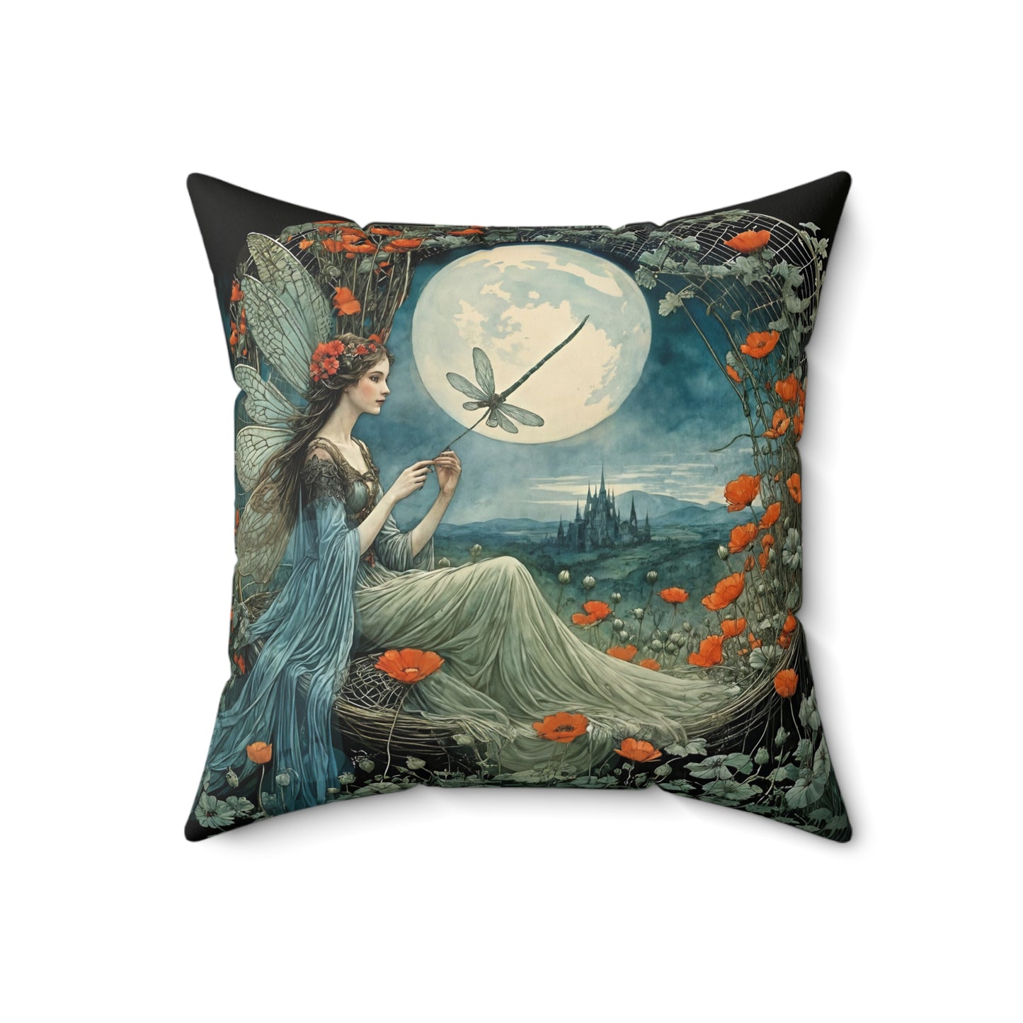 Dragonfly Moon Fairy  Mindfulnes Square Pillow -  by Fairyhill Studio