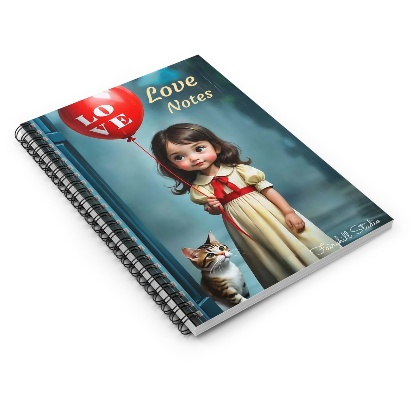Spiral Notebook - Cute Girl with Love Balloon and Cat
