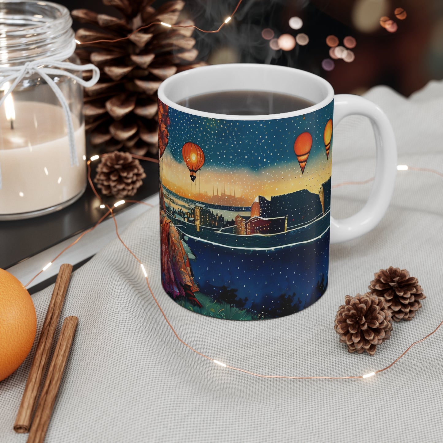 Mug - Girl Watching City Lights Snowing Night with Hot Air Balloons