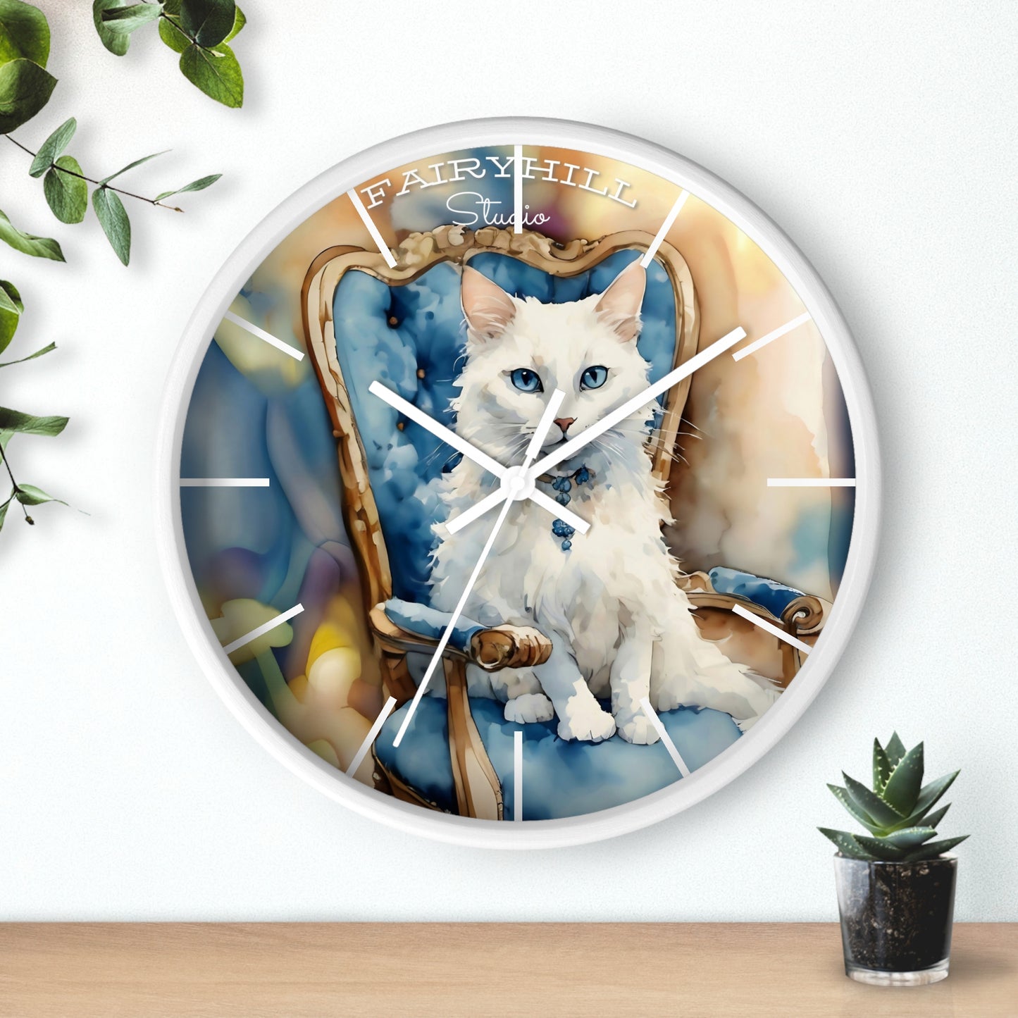 Fairy Hill Studio" White cat "  Wall Clock