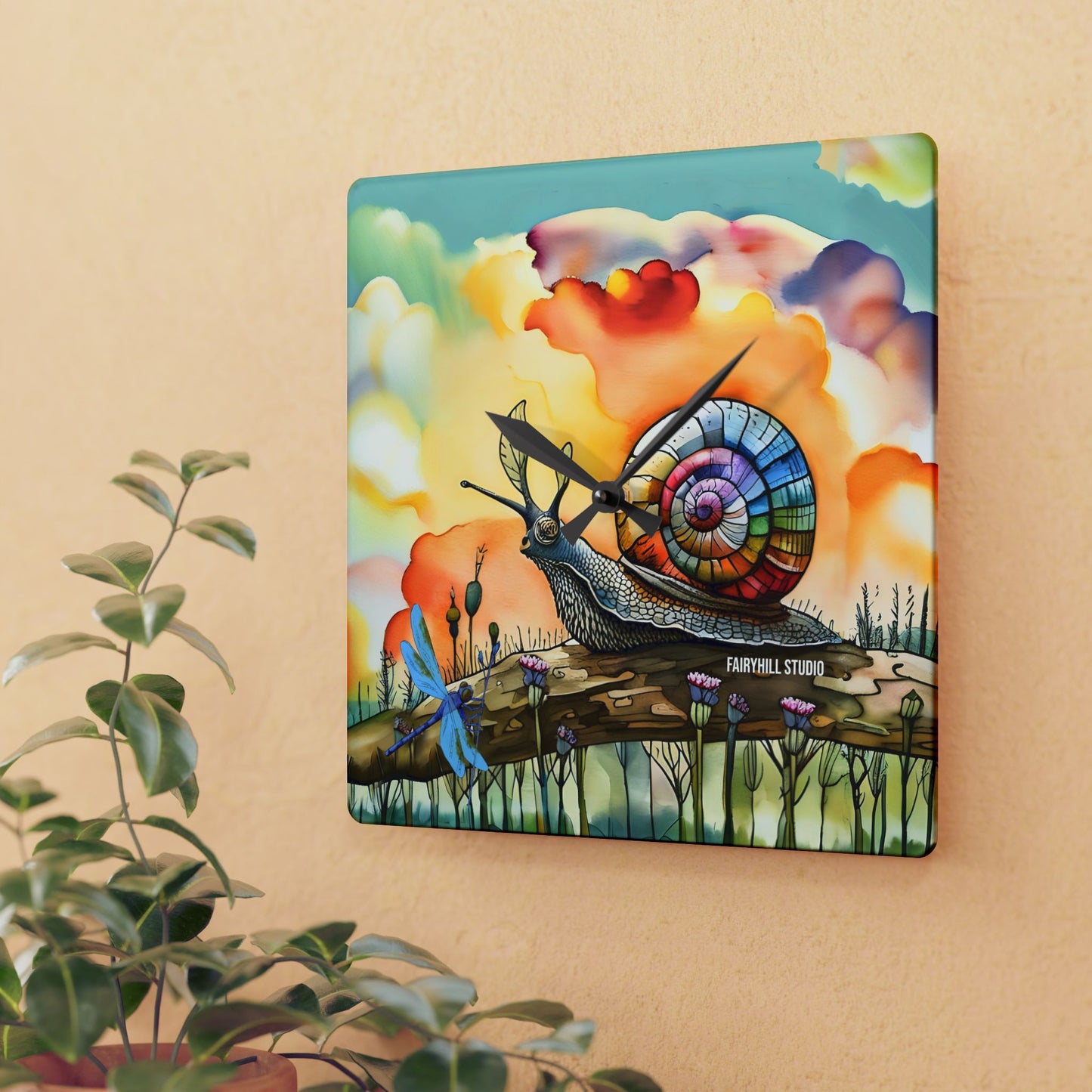 Acrylic Wall Clock Snail  and Dragonfly/Art