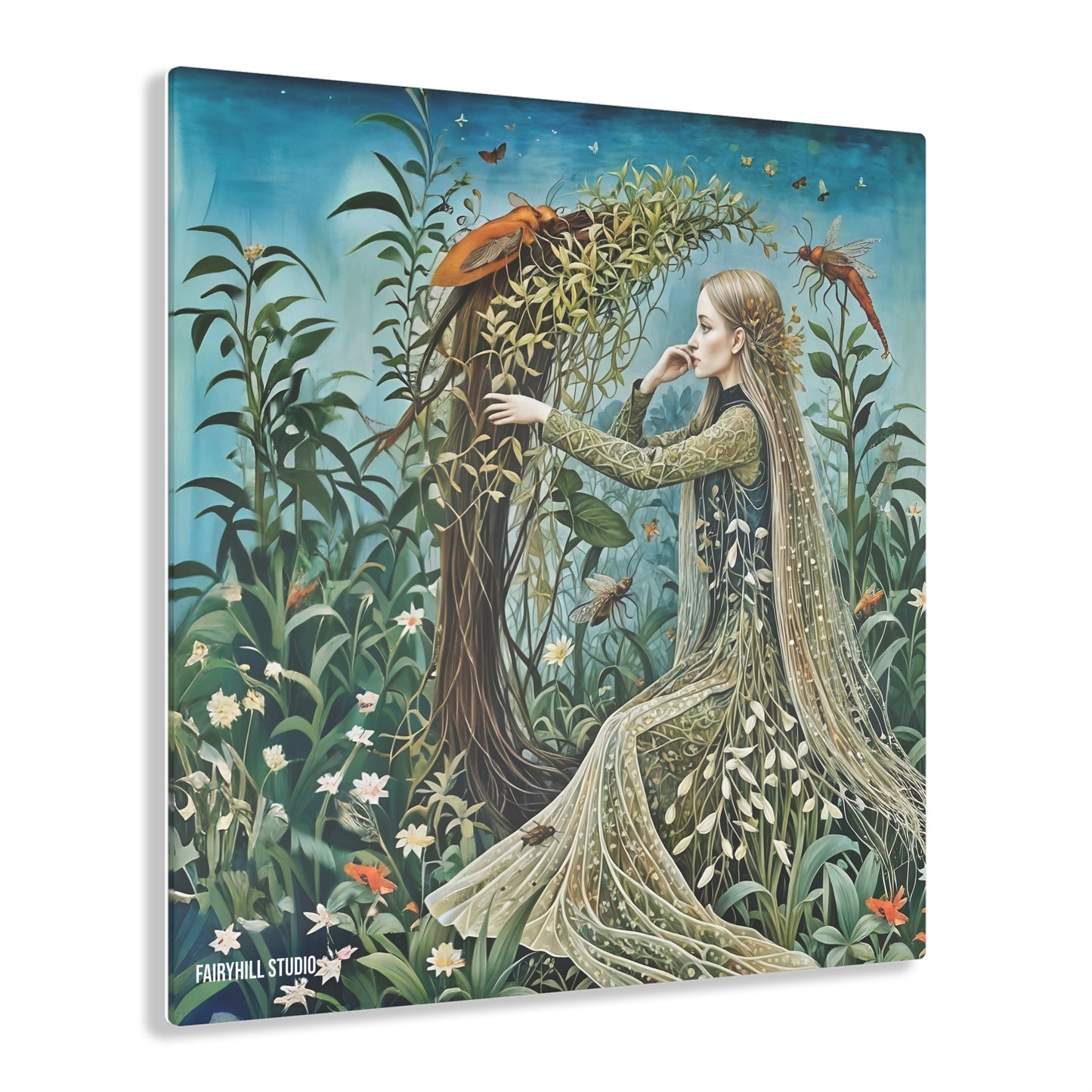 Wall Art Acrylic Print - Woman Playing Harp with Folklore Creatures