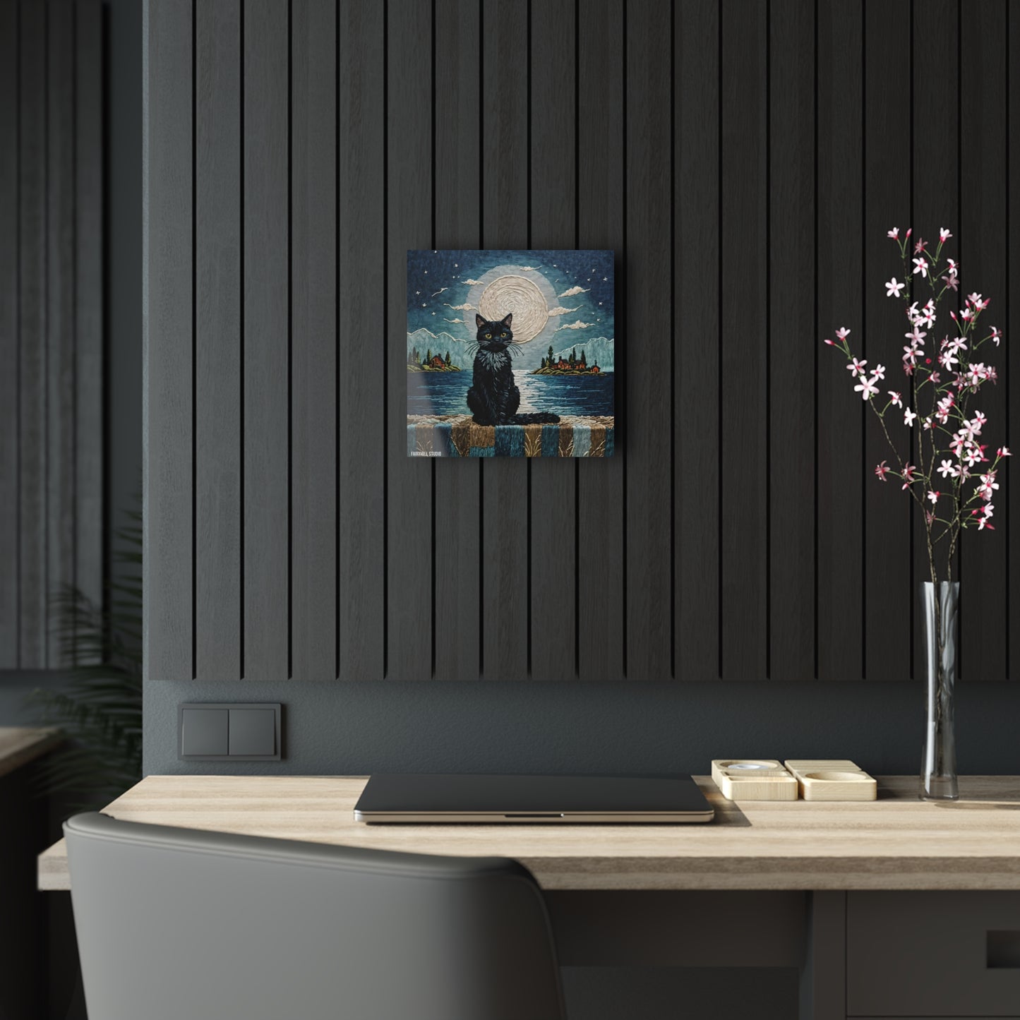 Art Acrylic Prints Black cat by the sea with moonlight art