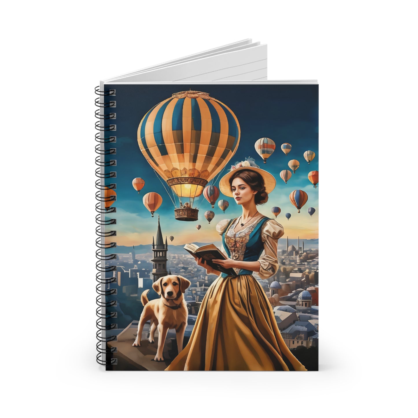 Spiral Notebook - Hot Air Balloons and Victorian Girl Reading with Dog