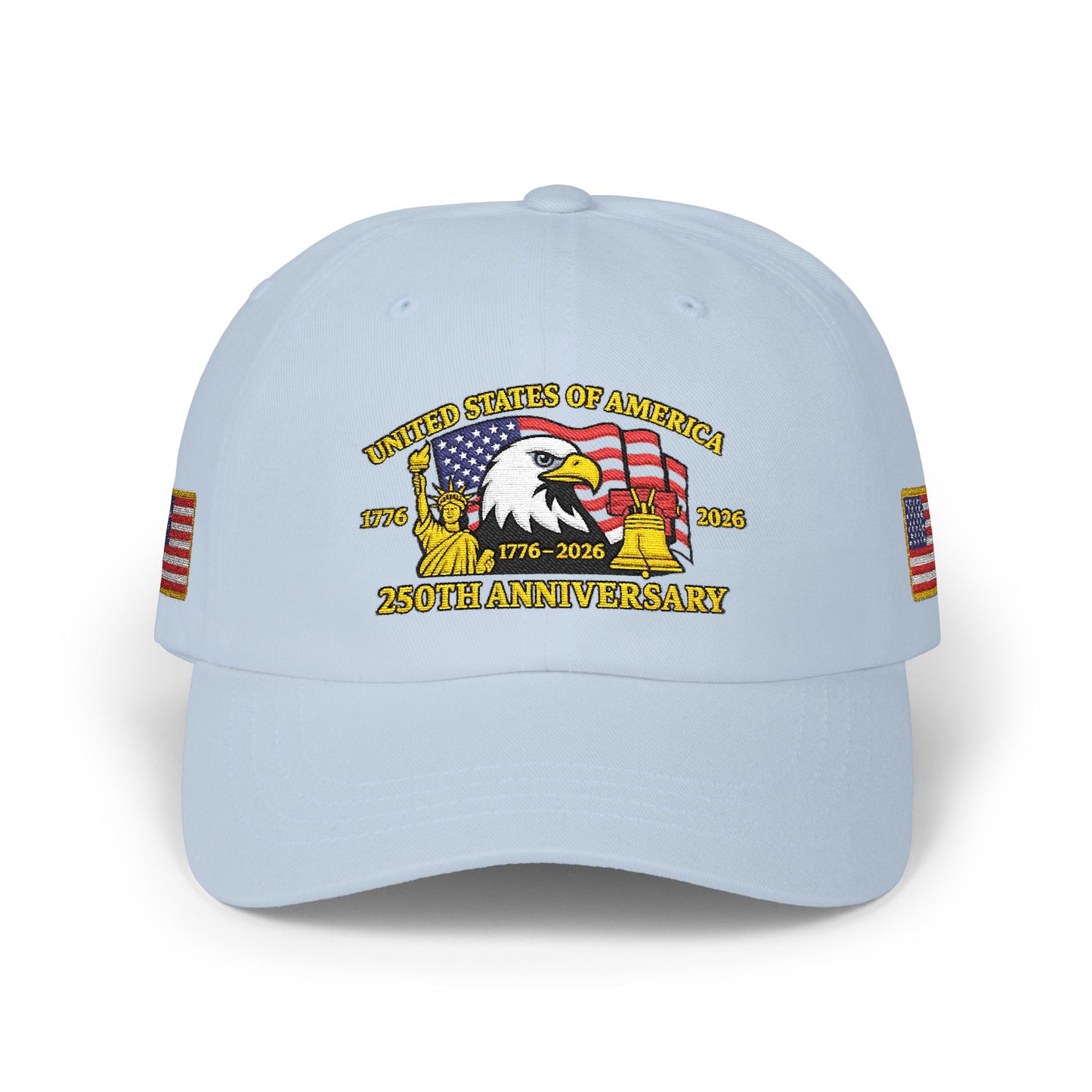 250th Anniversary USA Flag Patch Hat – Embroidered Gold Border Edition (1776–2026) – Classic White Baseball Hat