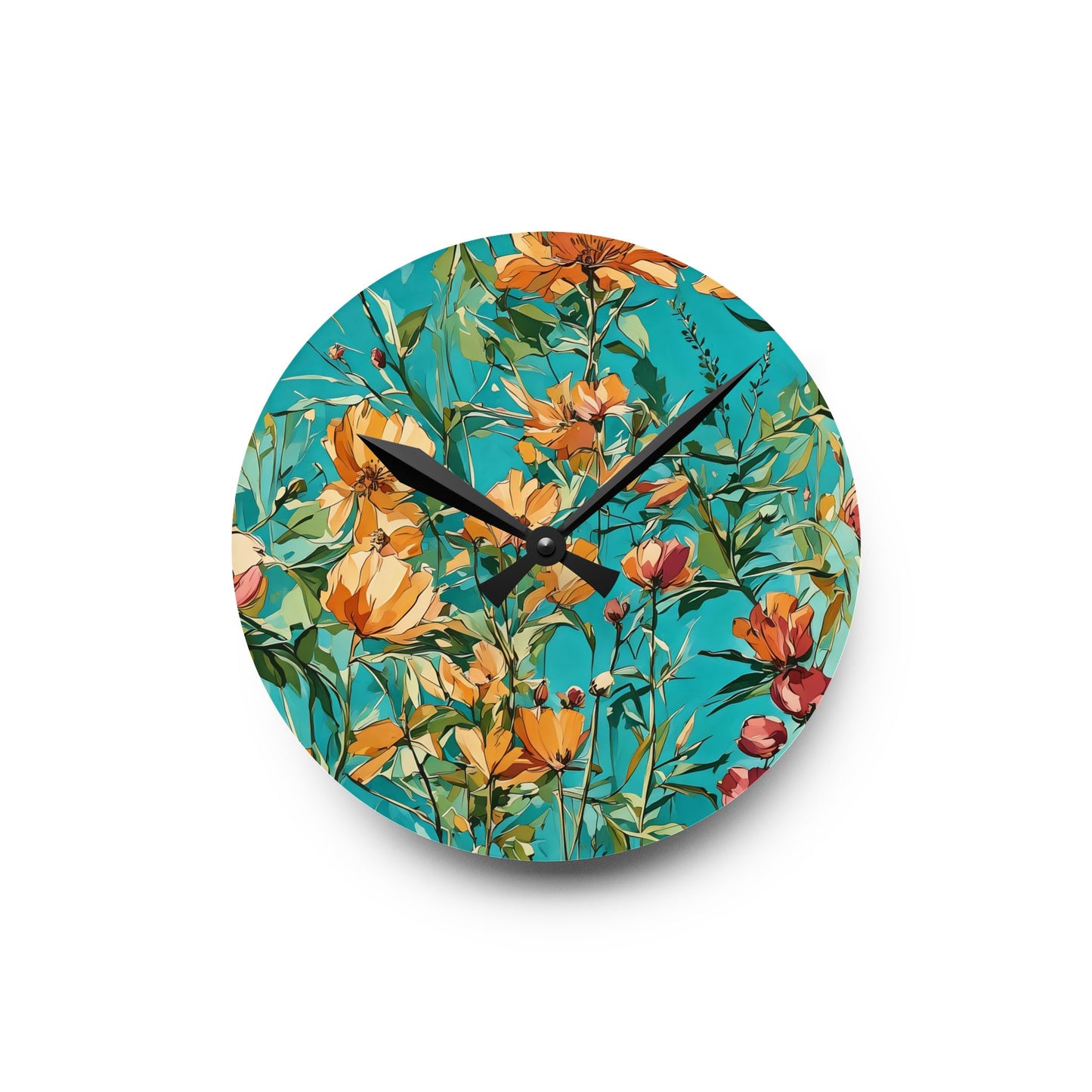 Acrylic Wall Clock - Peach and Orange Wild Flowers on Aqua Background by Fairyhill Studio
