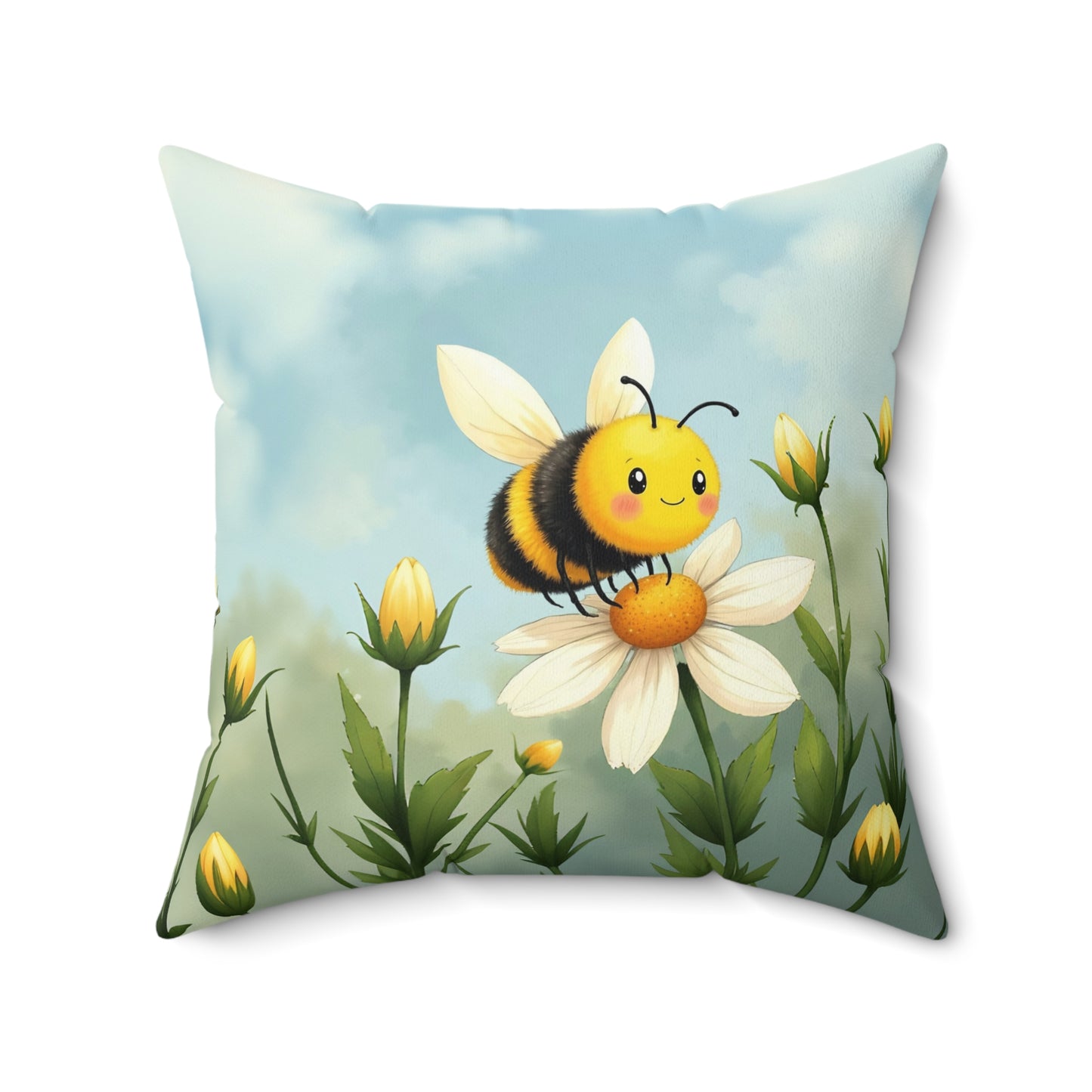 Square Pillow - Cute Honey Bee in Flower Garden by Fairyhill Studio
