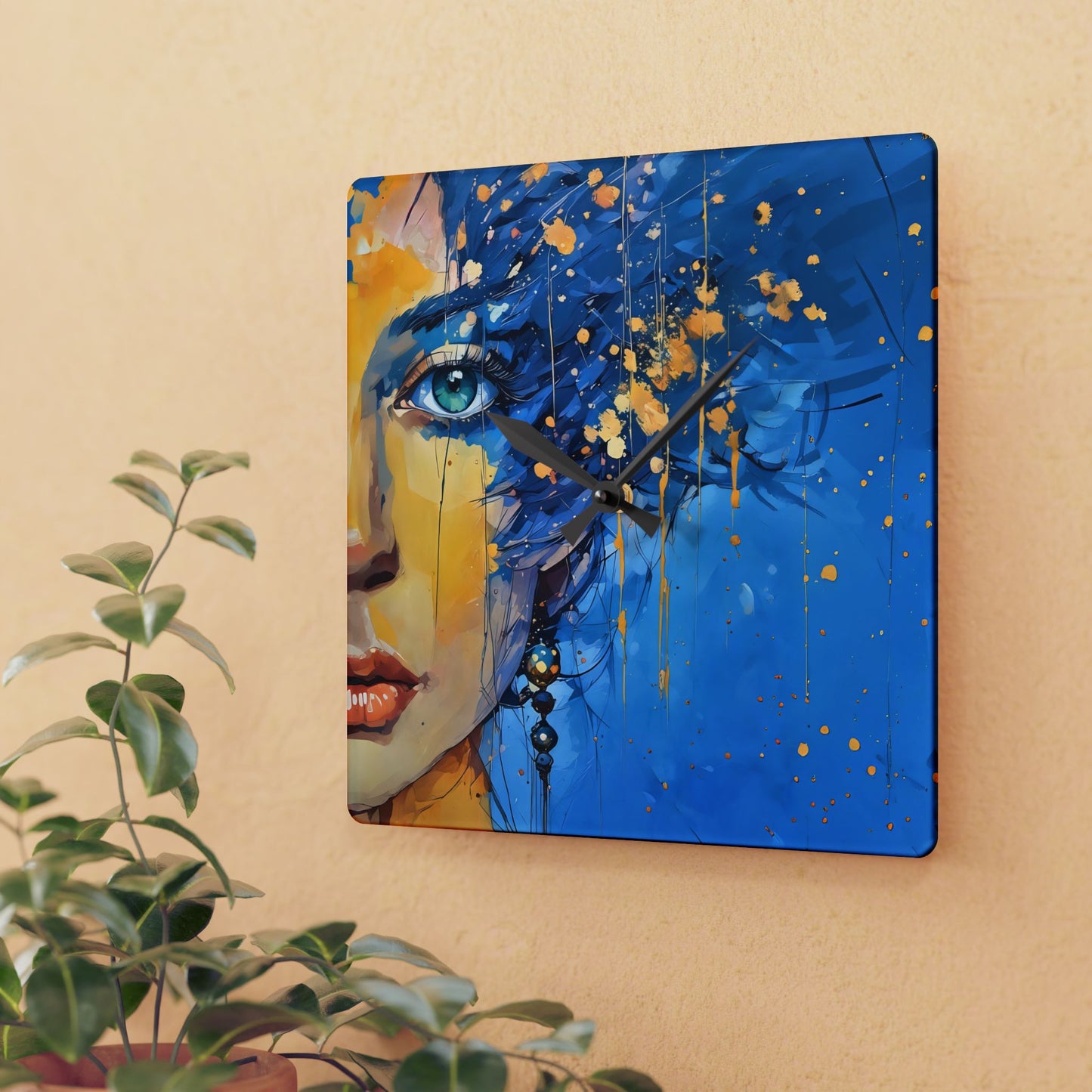 Acrylic Wall Clock Blue and Gold Abstract Woman Art