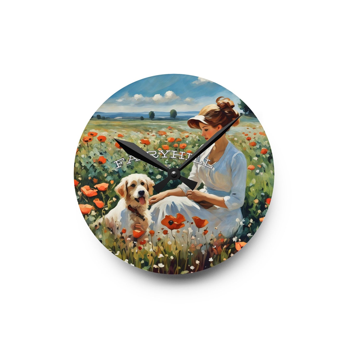 Acrylic Wall Clock - Lady with Dog in Flower Field Art by Fairyhill Studio