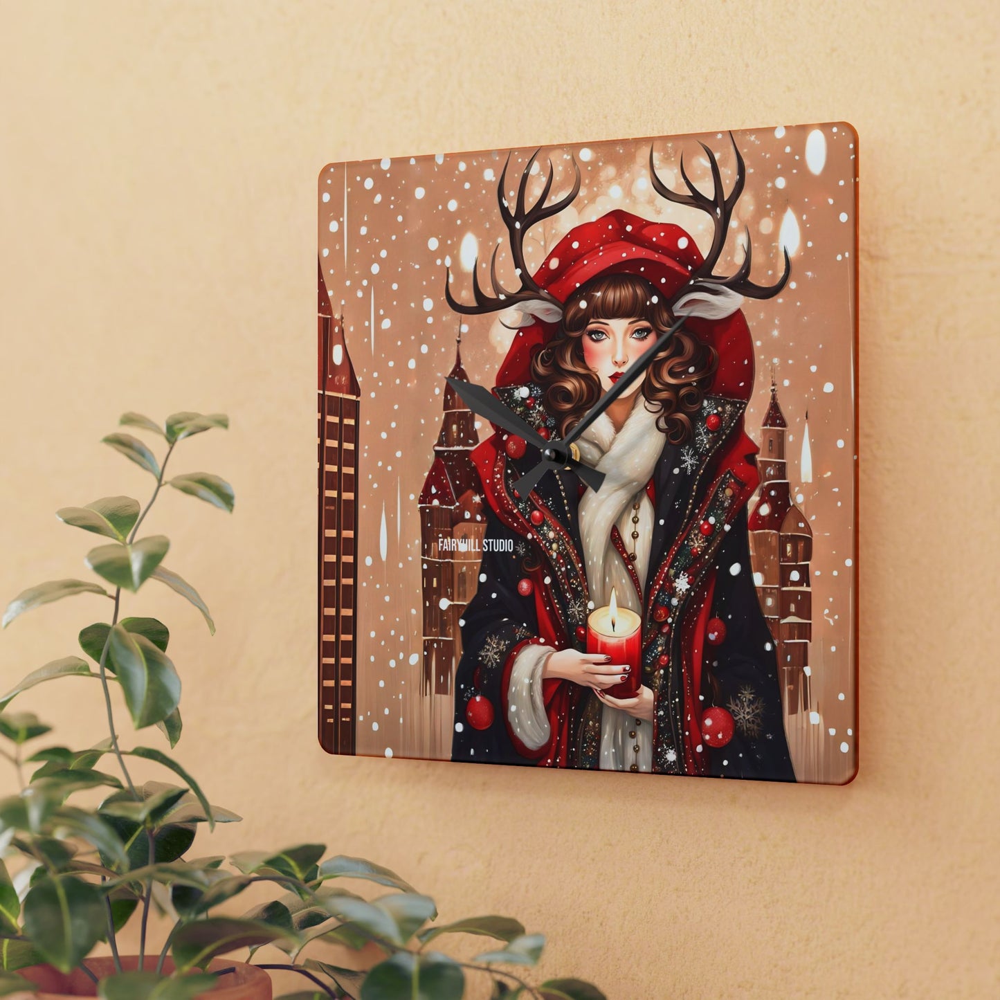 Acrylic Wall Clock -Winter Dear Girl with a Christmas Candle