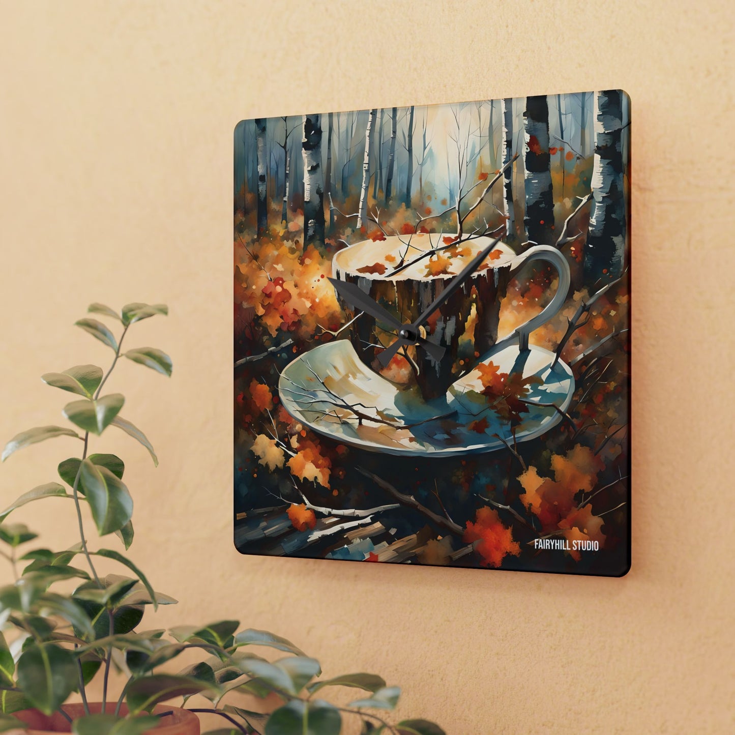 Wall Clock - Fall Coffee Dreams Watercolor Art - Autumn Forest
