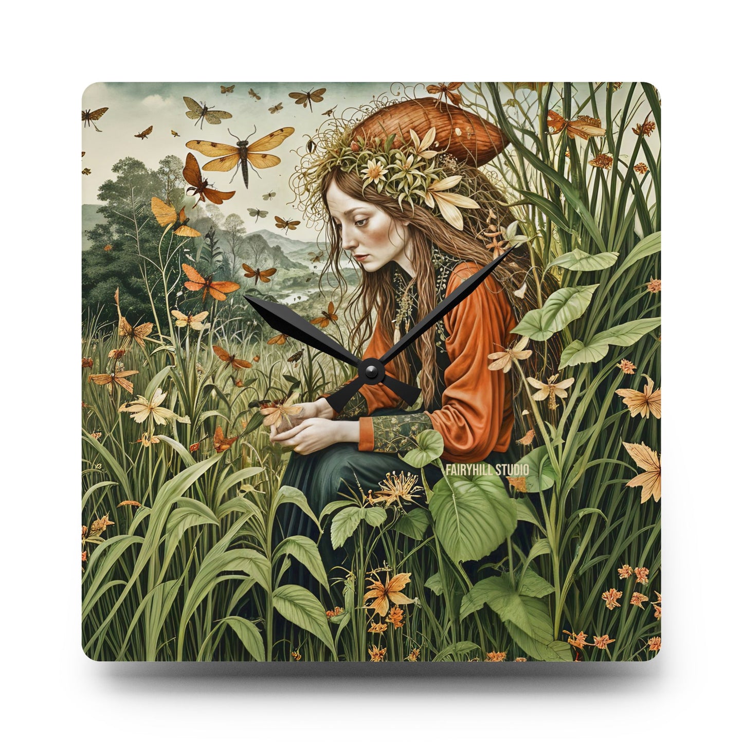 Acrylic Wall Clock -  Botanical garden and Dragonflies Art