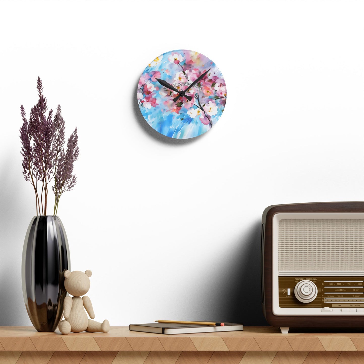 Wall Clock - Cherry Flowers Pink and White on Sky Blue Background by Fairyhill Studio