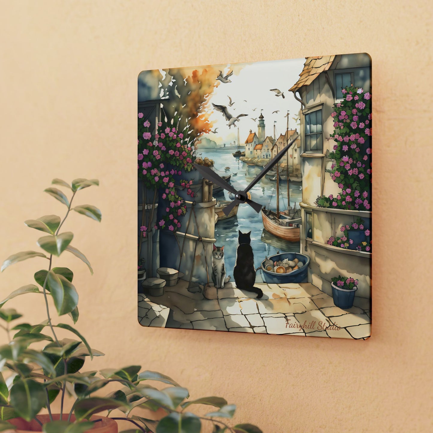 Harbour Cats - by Fairyhill Studio  Wall clock  Gift   Acrylic Wall Clock