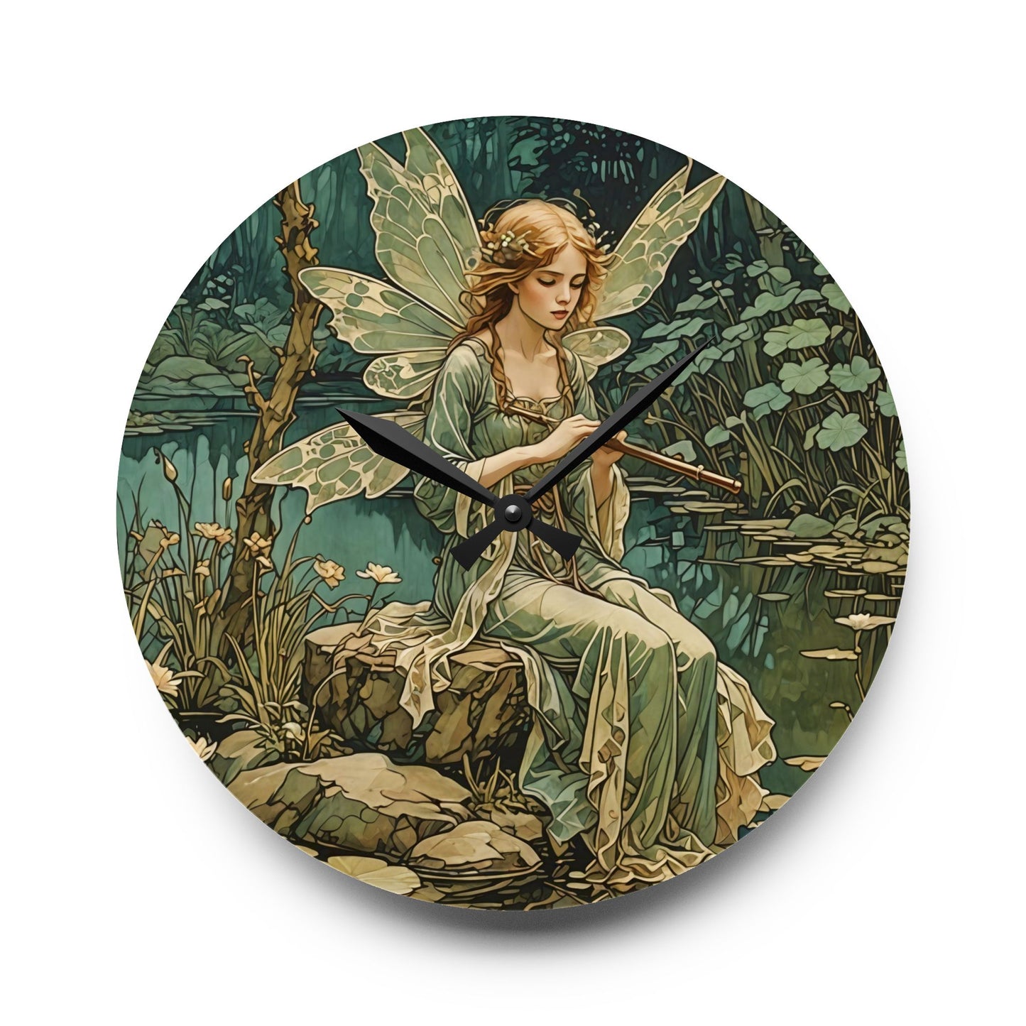Acrylic Wall Clock - Mystical Fairy Nymph Playing Flute