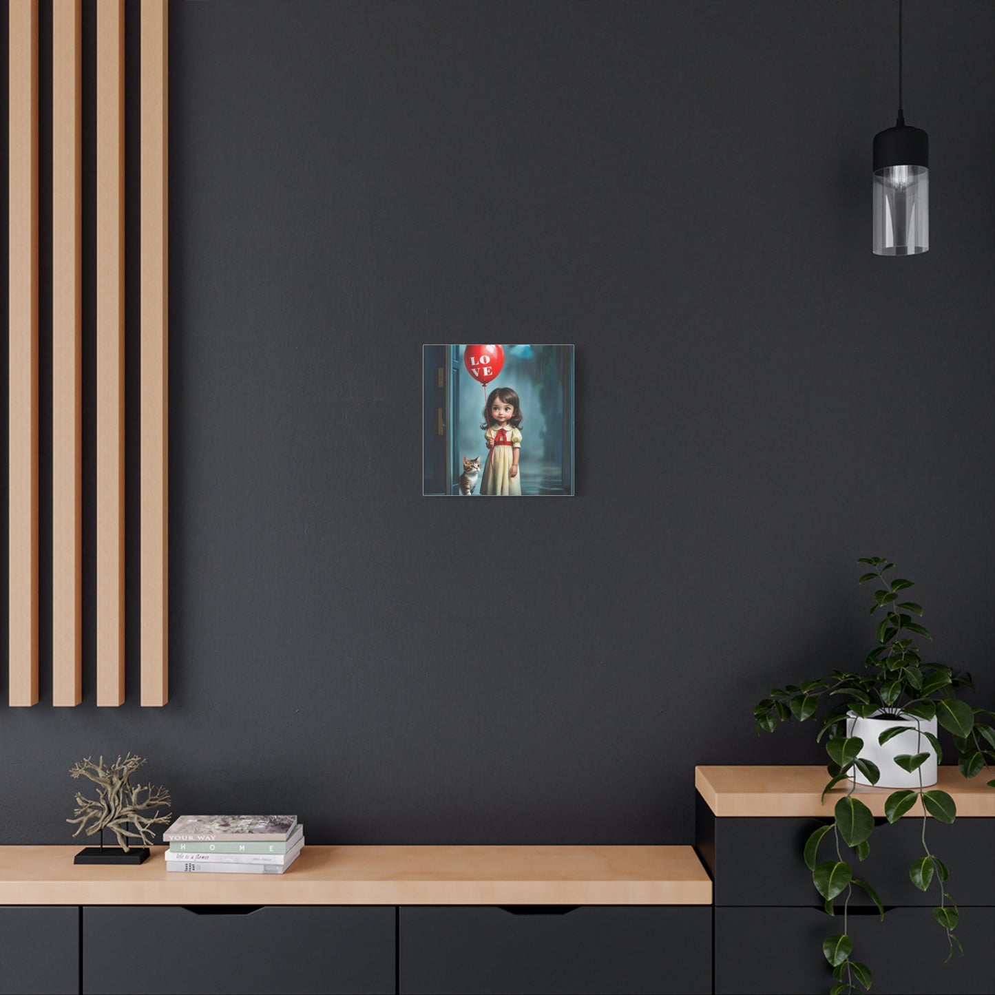 Canvas Print - Cute Girl with Red Love Balloon and Cat Art by Fairyhill Studio