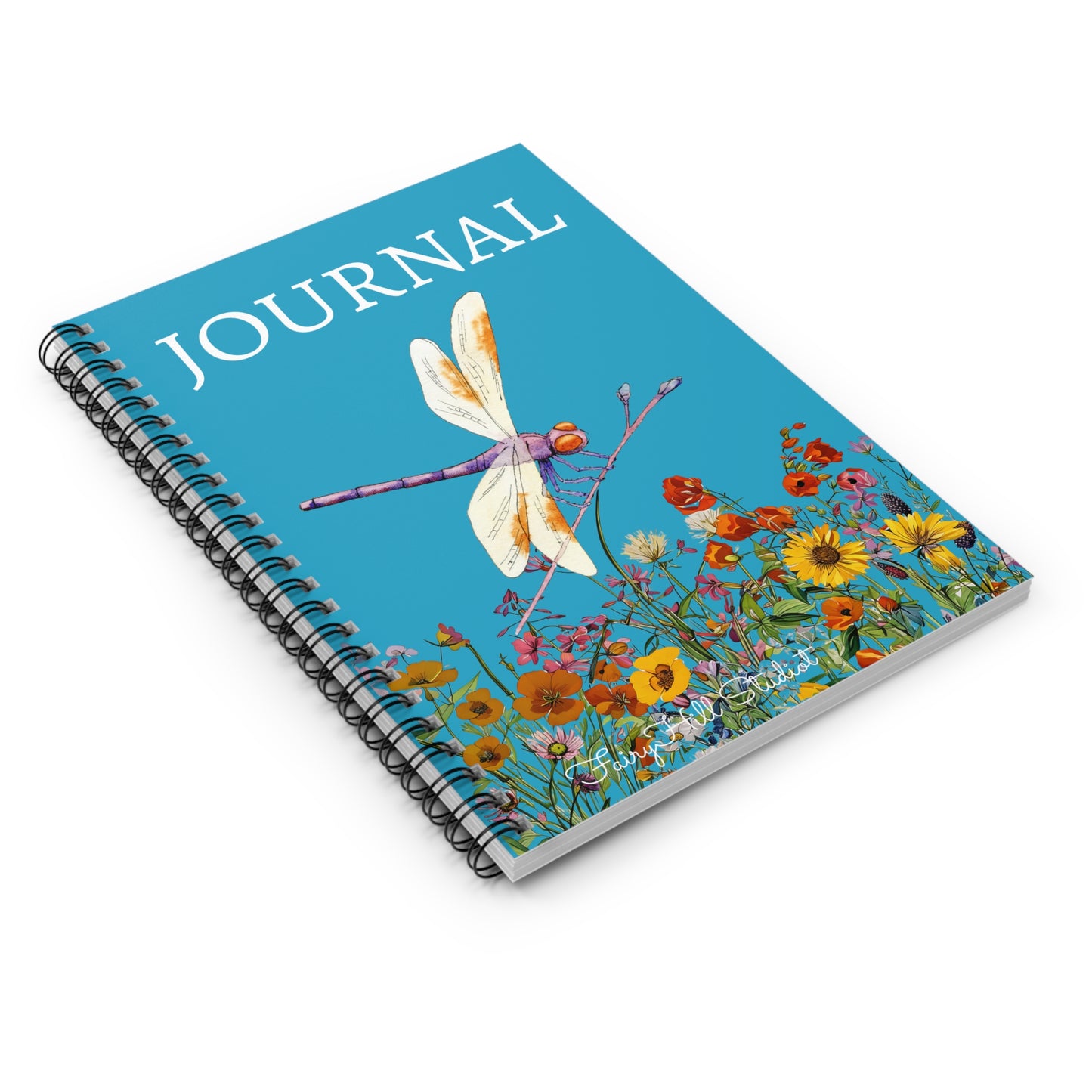 Journal Spiral Notebook - Dragonfly on Wild Flowers Aqua Background Art by Fairy Hill Studio