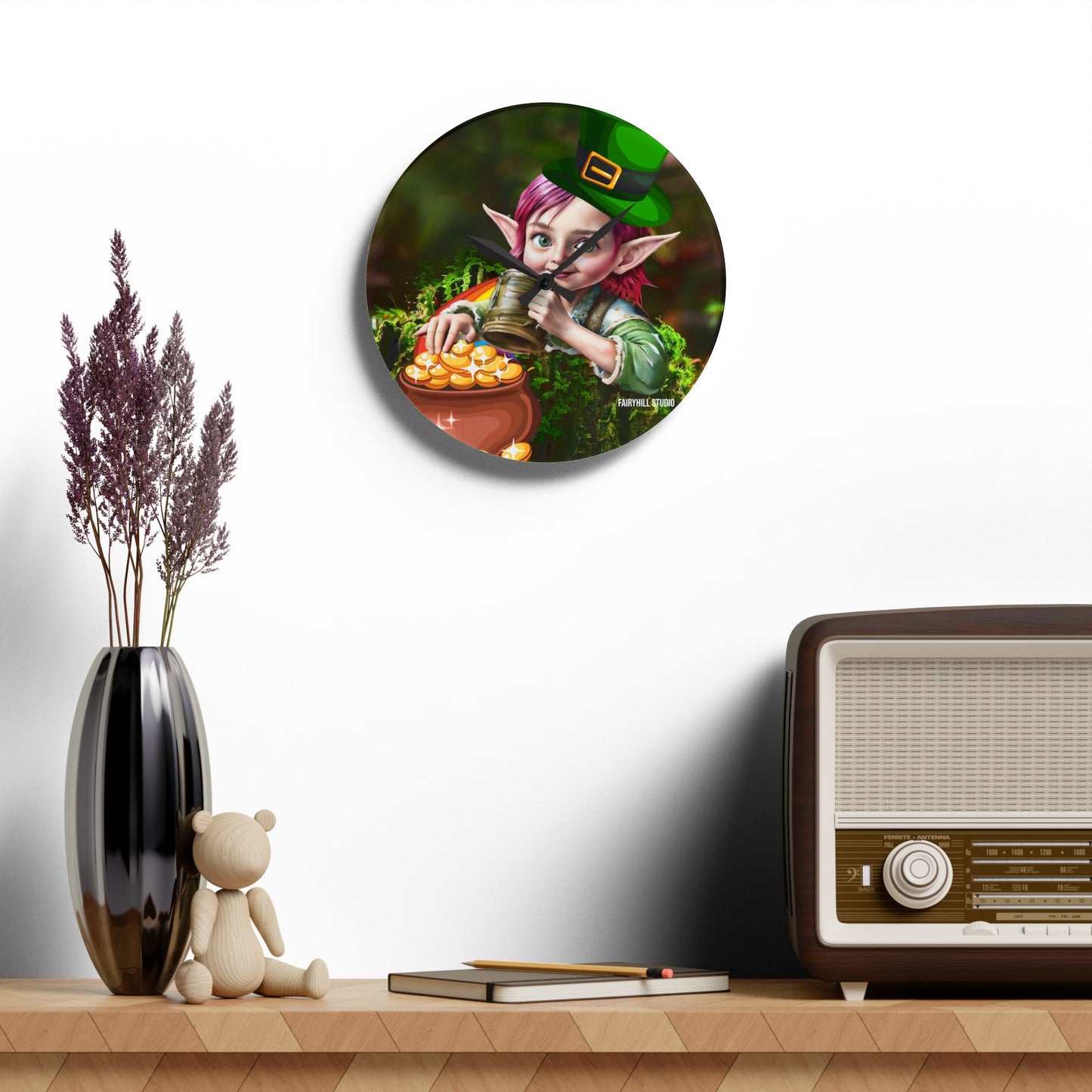 Acrylic Wall Clock Irish Elf with pot of gold/Art