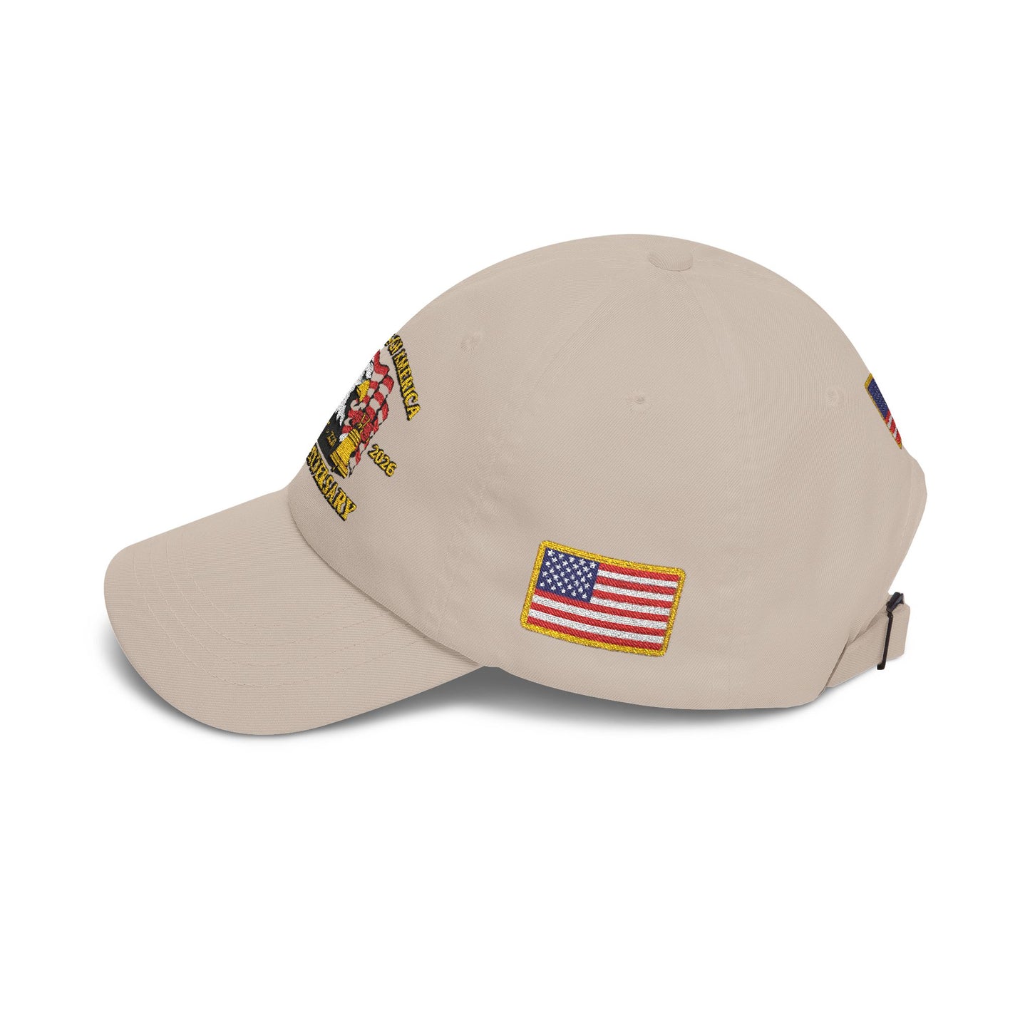 250th Anniversary USA Flag Patch Hat – Embroidered Gold Border Edition (1776–2026) – Classic White Baseball Hat