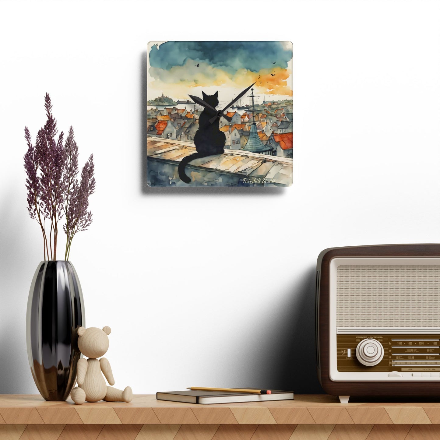Black Cat on a roof top - by Fairyhill Studio  Wall clock  Gift   Acrylic Wall Clock