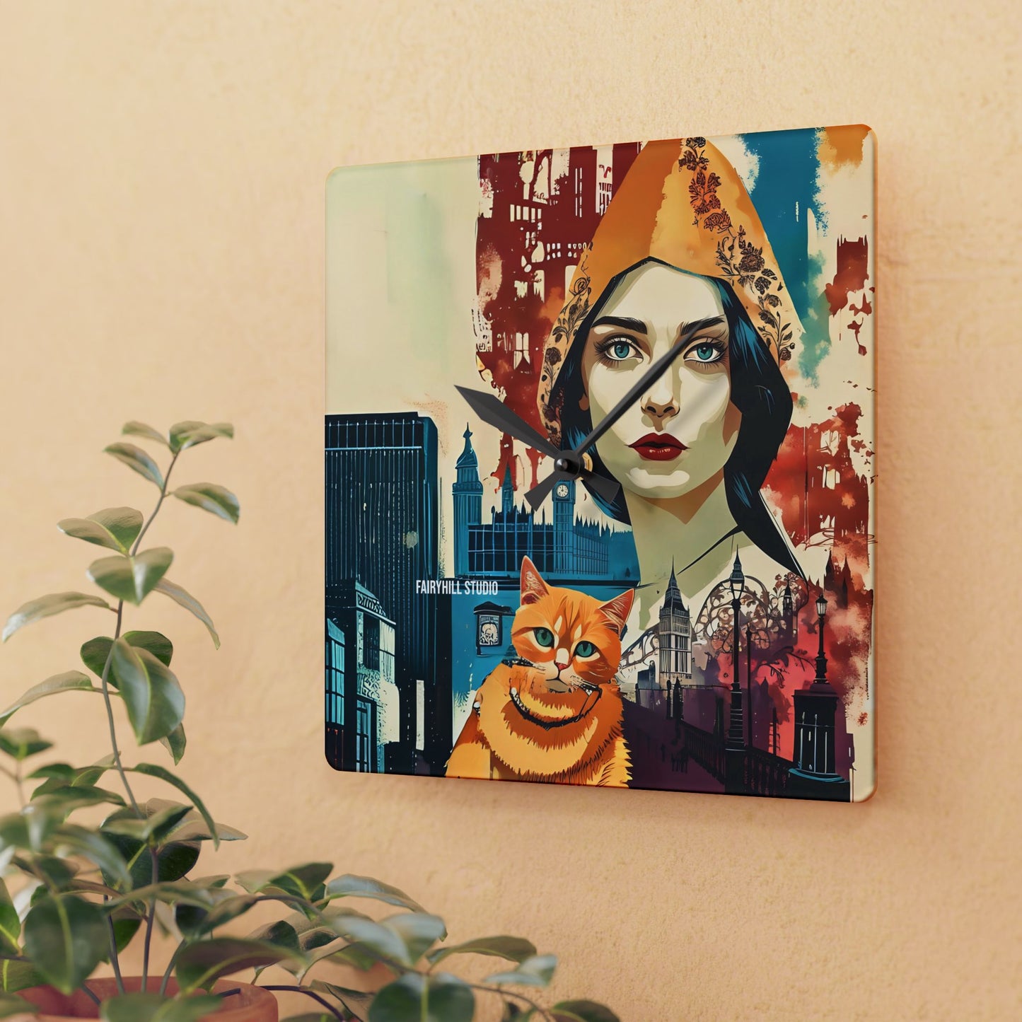 Acrylic Wall Clock - Yellow cat in London /Art