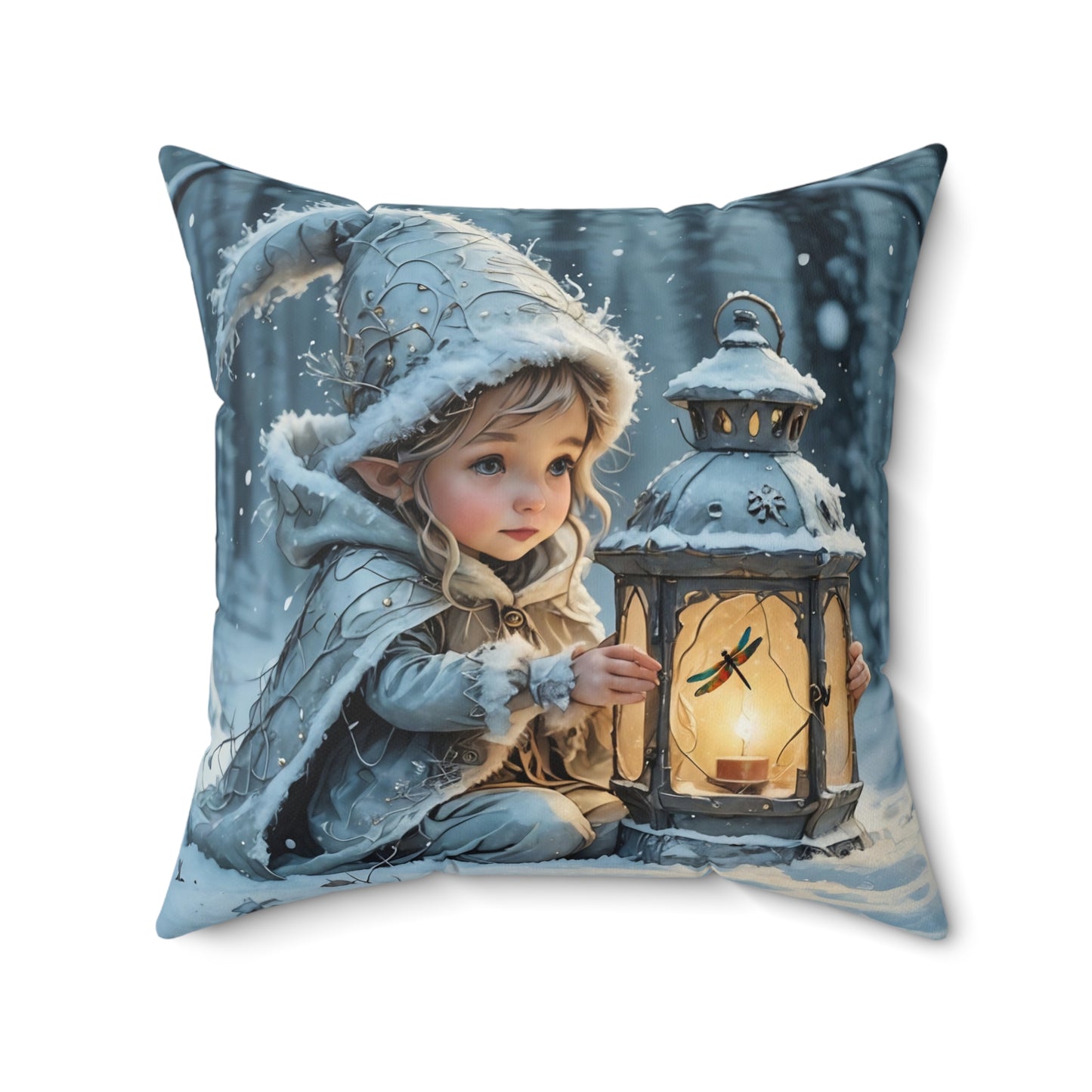 Square Pillow Winter Fairy Elf Dragonfly Lantern Art