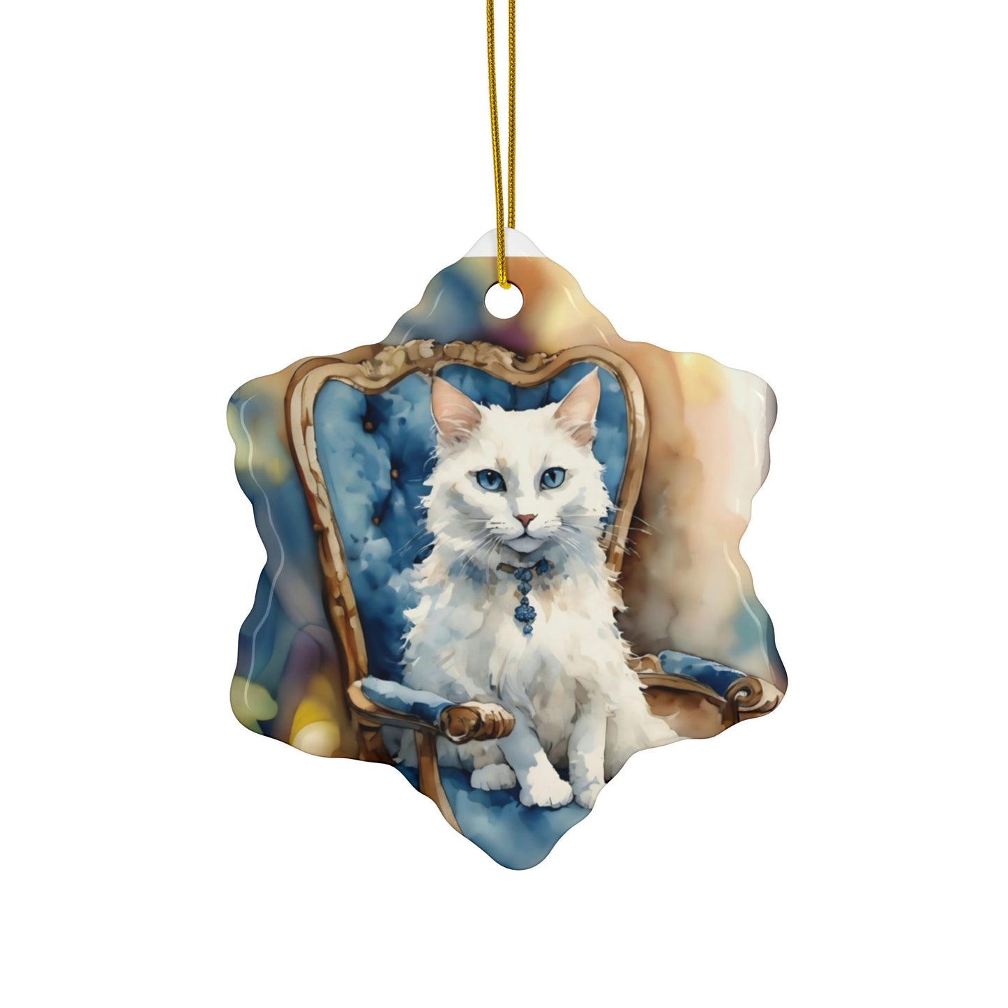 Ceramic Ornaments - White Cat on Blue Chair - 2-Side Print - Holiday Decor