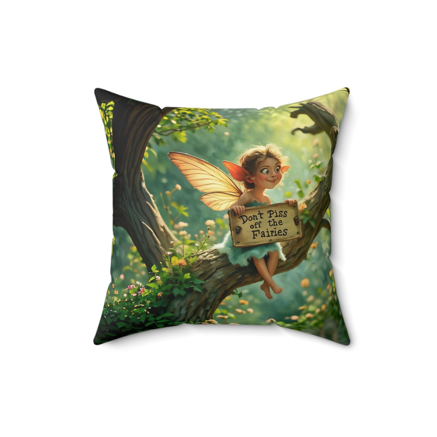 Square Pillow - "Don't Piss Off the Fairies" quote Fairy Art by Fairyhill Studio