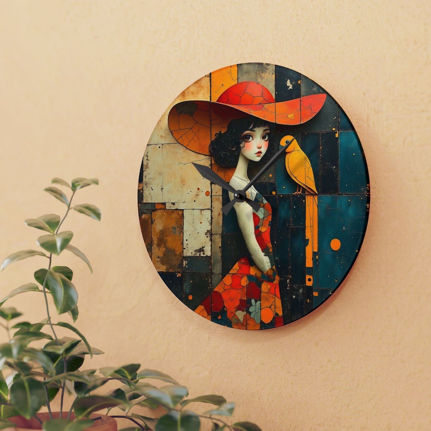 Girl with a yellow parrot Acrylic Wall Clock