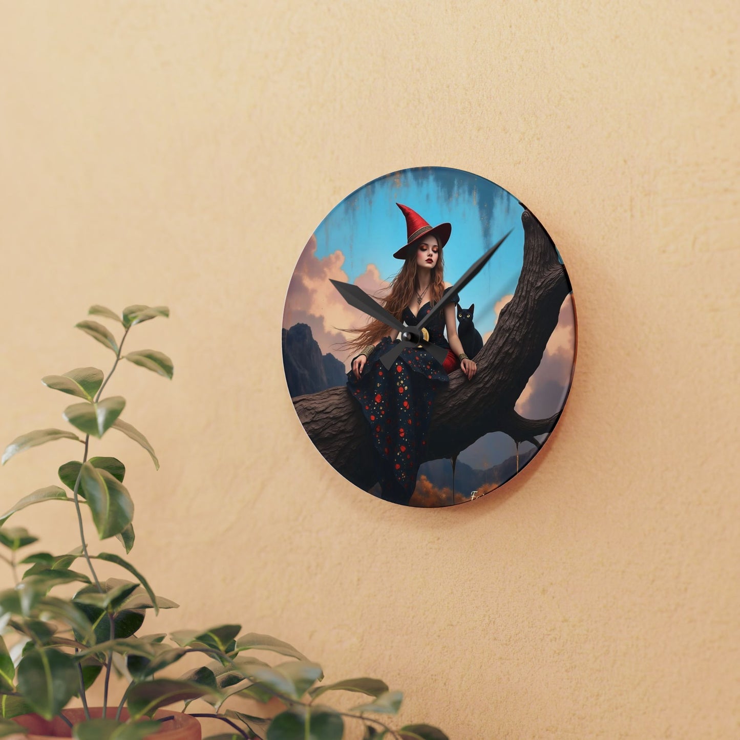 Elegant witch with black cat Wall clock  Gift   Acrylic Wall Clock