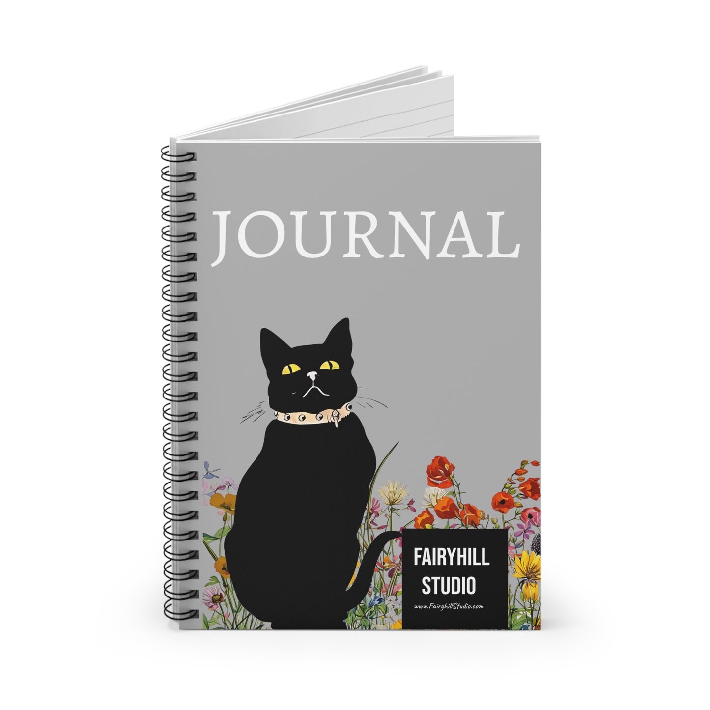 Fairy Hill Studio "Black Cat   Journal, Spiral Notebook - Ruled Line