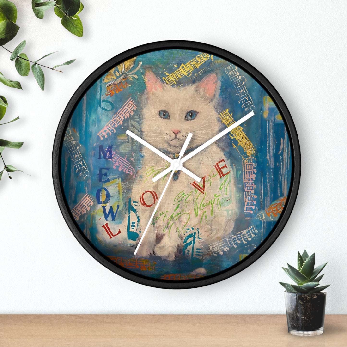 Cat Wall Clock - Lovely White Cat with Blue Eyes Art by Fairyhill Studio