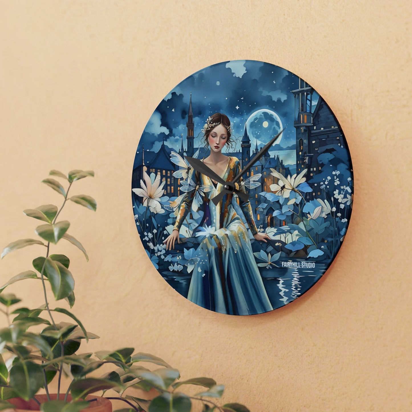 Acrylic Wall Clock Beauty in Blue  with dragonflies /Art