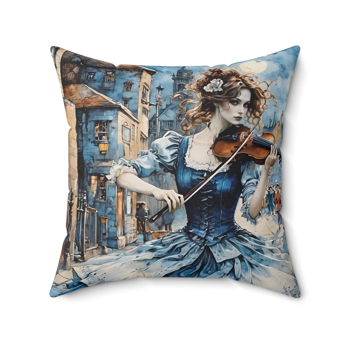Square Pillow Blue Gypsy Violinist Girl Art