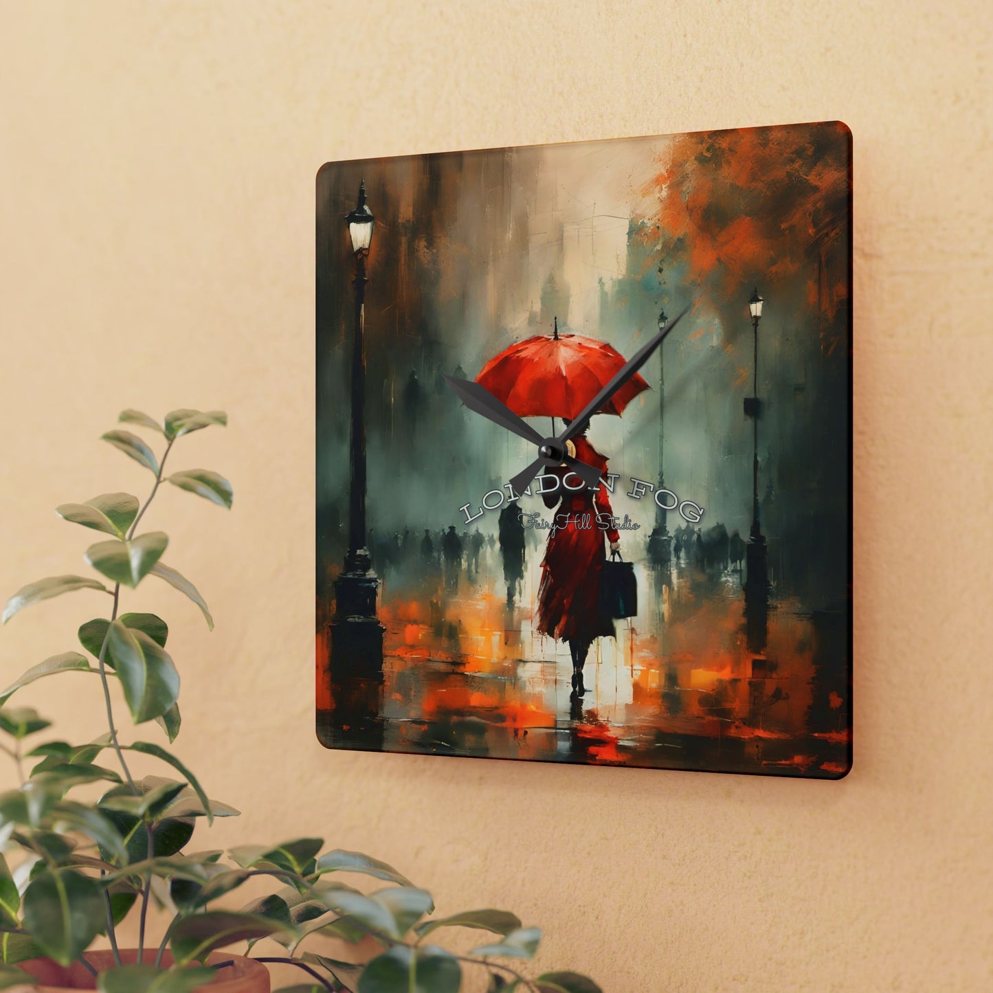 Wall Clock - Elegant Woman in Red Raincoat and Umbrella London Fog Art by Fairyhill Studio