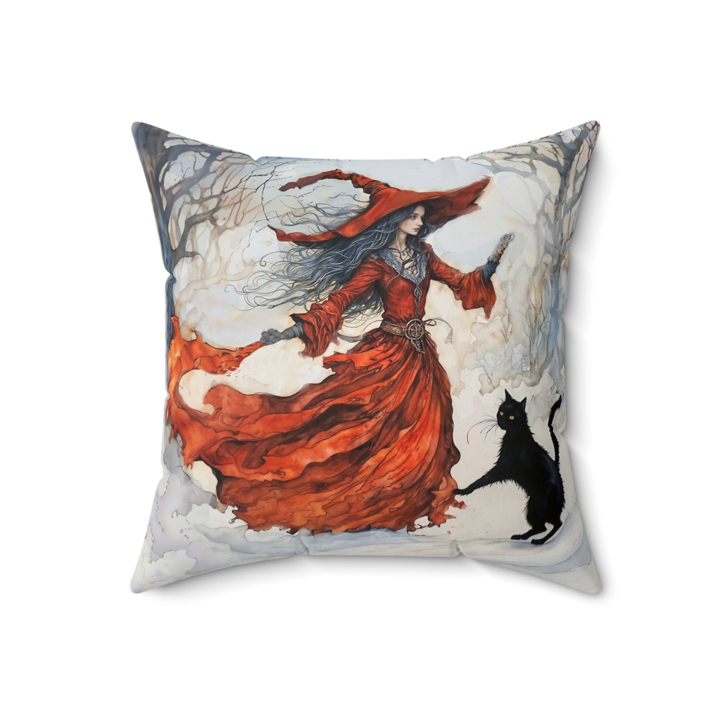 Crimson snow witch with black cat pillow  Square Pillow - by Fairyhill Studio