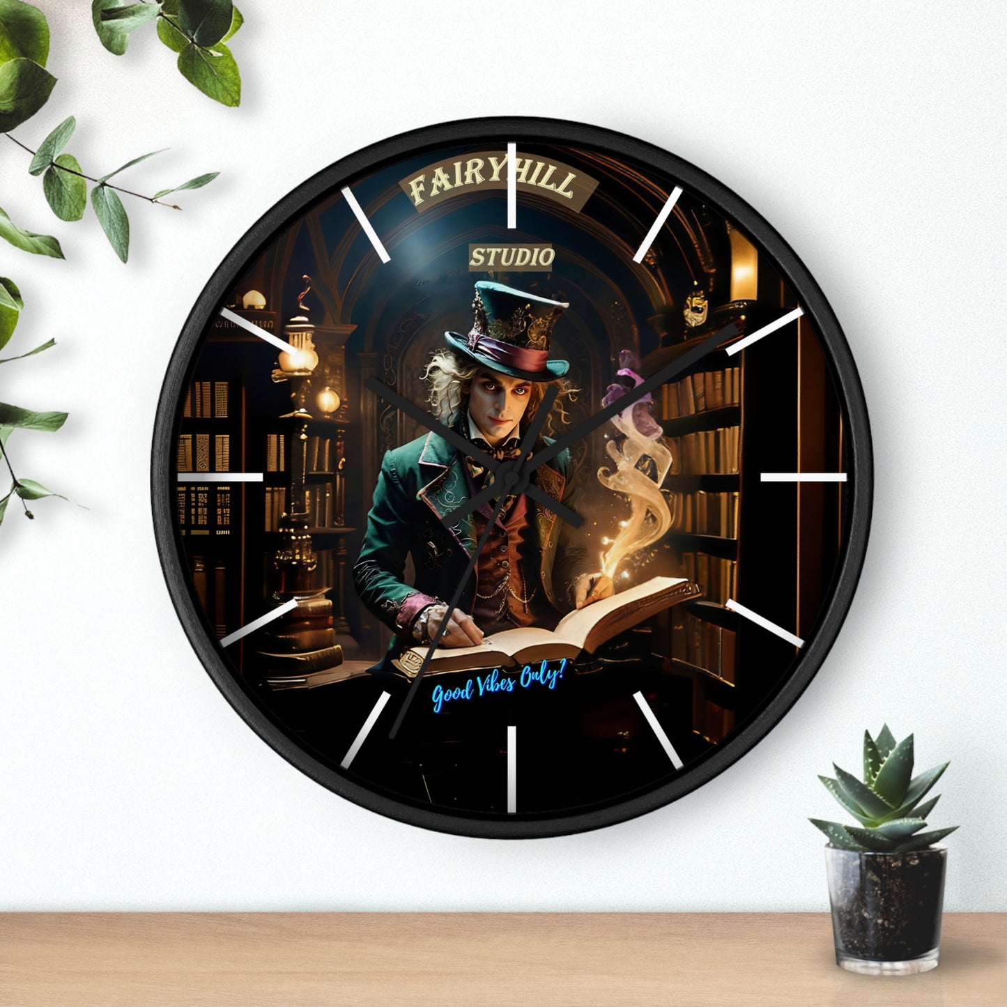 Wall Clock - &quot;Good Vibes Only&quot; Mad Hatter with Books