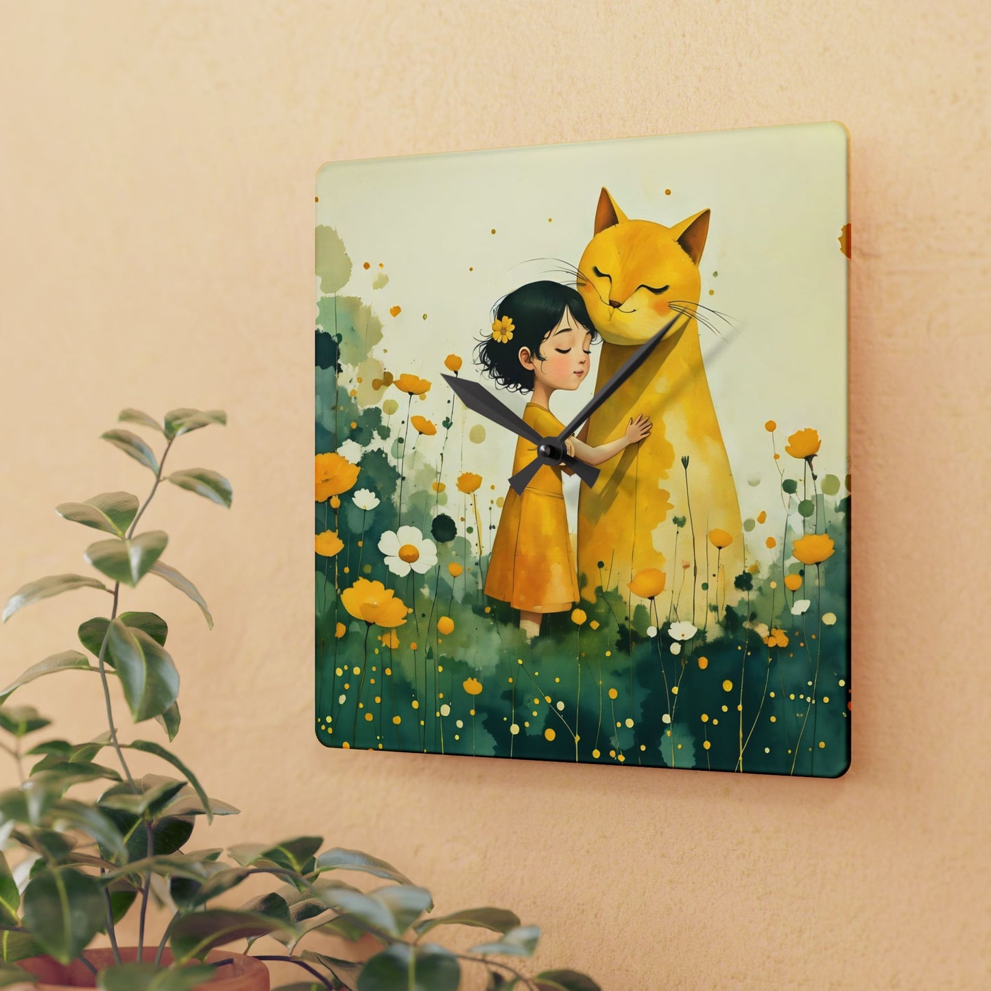 Girl with yellow cat Acrylic Wall Clock