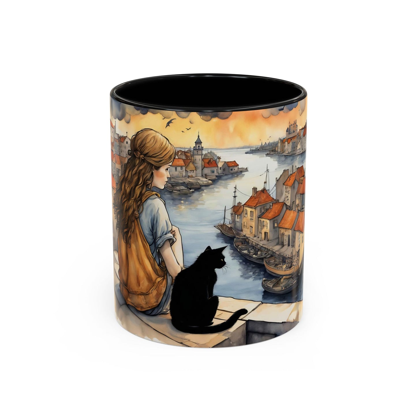 Girl with Black cat on a roof top Art-Themed Coffee Mug - 11 & 15oz Accent Mug for Musroom  Fsiry Lovers